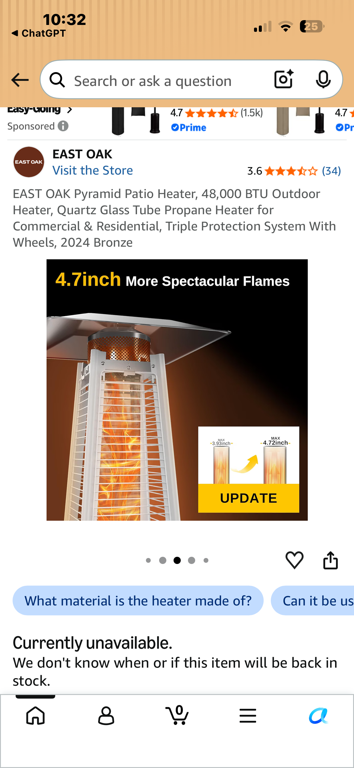 EAST OAK Pyramid Patio Heater, 48,000 BTU Outdoor Heater, Quartz Glass Tube Propane Heater for Commercial & Residential, Triple Protection System With Wheels, Bronze