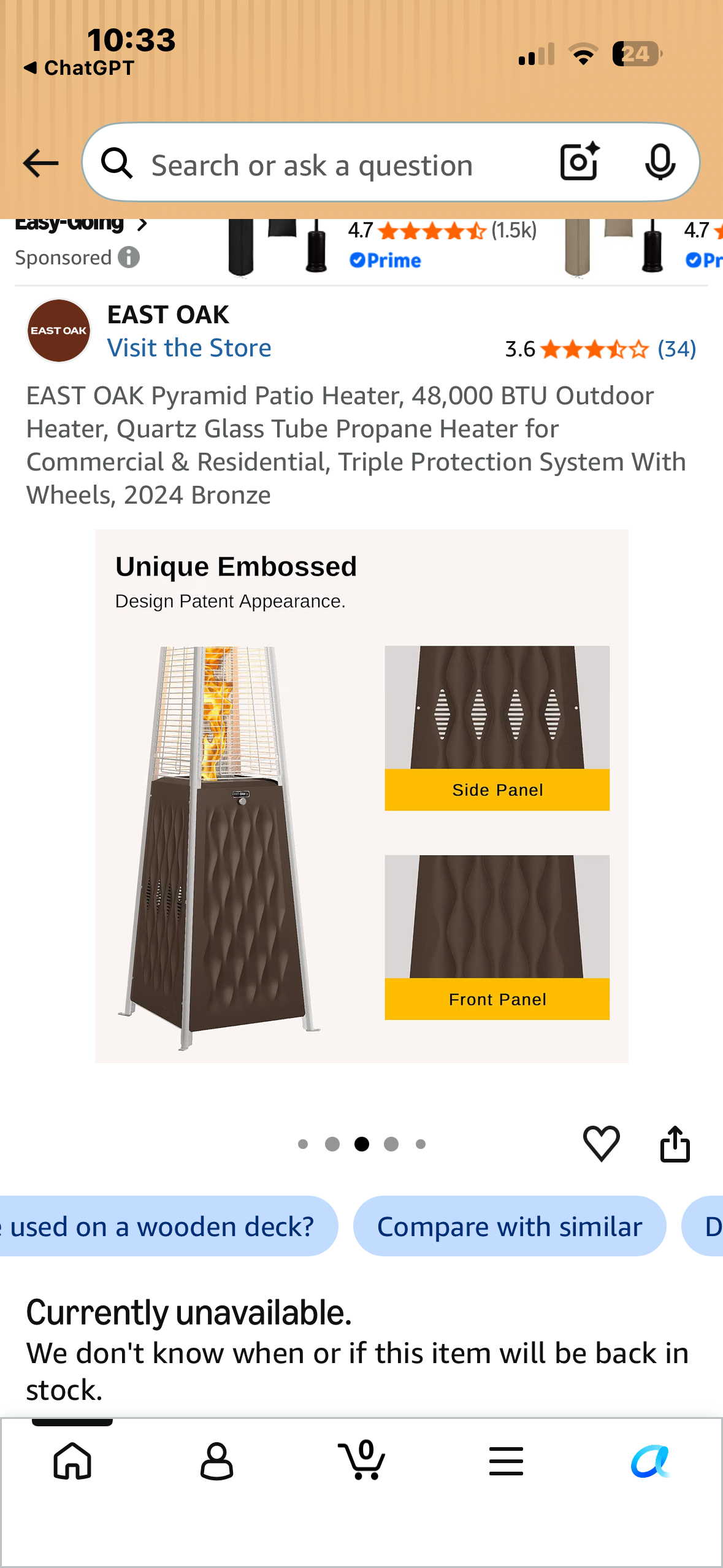 EAST OAK Pyramid Patio Heater, 48,000 BTU Outdoor Heater, Quartz Glass Tube Propane Heater for Commercial & Residential, Triple Protection System With Wheels, Bronze