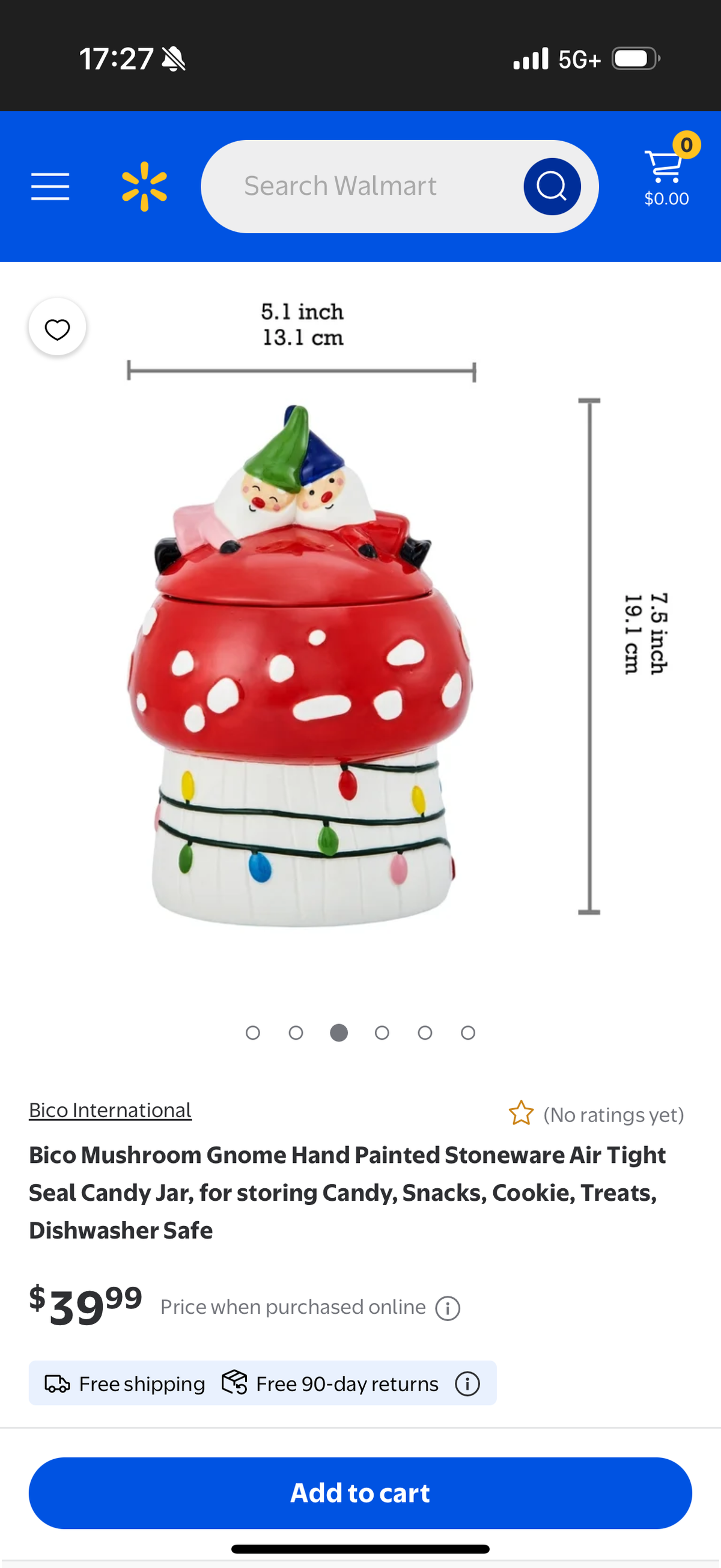 Bico Mushroom Gnome Hand Painted Stoneware Air Tight Seal Candy Jar, for storing Candy, Snacks, Cookie, Treats, Dishwasher Safe