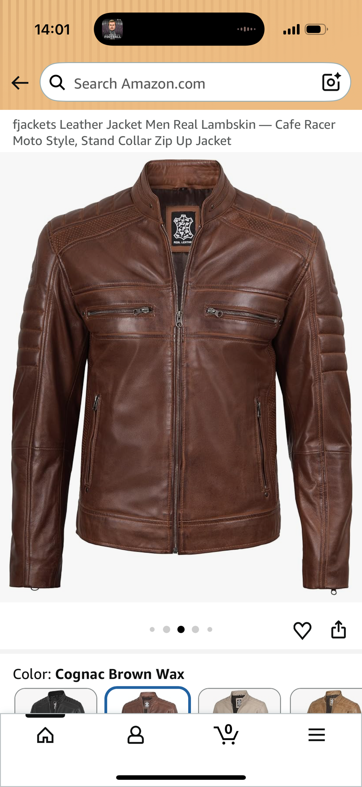 Leather Jacket Men Real Lambskin — Cafe Racer Moto Style, Stand Collar Zip Up Jacket XXXL