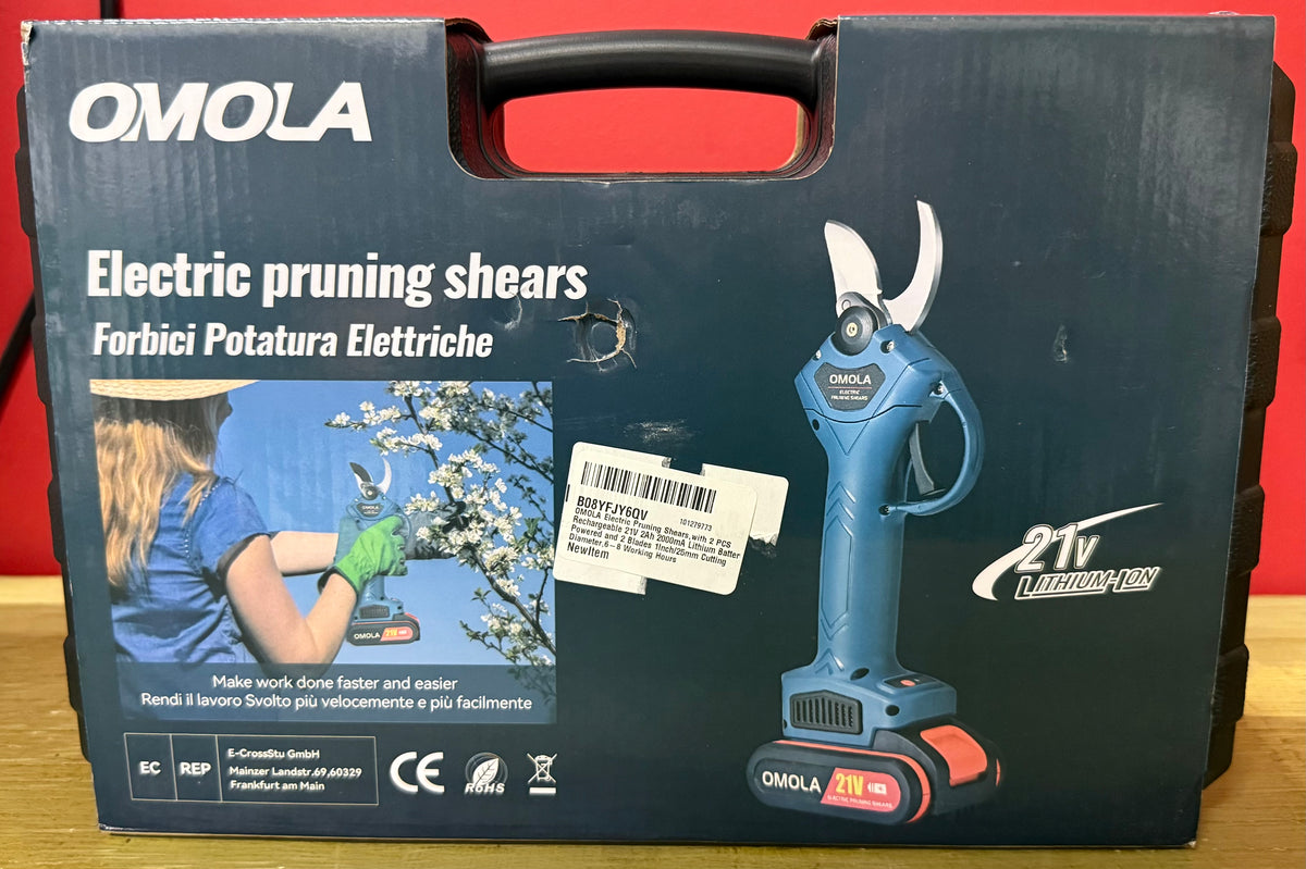 OMOLA Electric Pruning Shears, with 2 PCS Rechargeable 21V 2Ah 2000mA Lithium Battery Powered and 2 Blades, 1Inch/25mm Cutting Diameter, 6-8 Working Hours