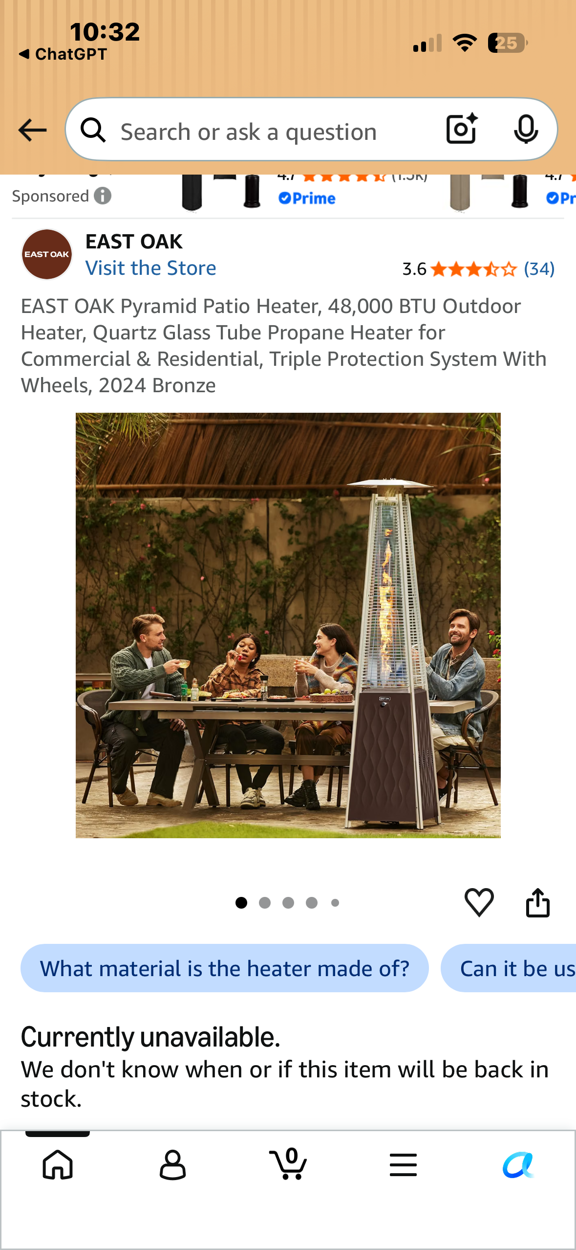 EAST OAK Pyramid Patio Heater, 48,000 BTU Outdoor Heater, Quartz Glass Tube Propane Heater for Commercial & Residential, Triple Protection System With Wheels, Bronze