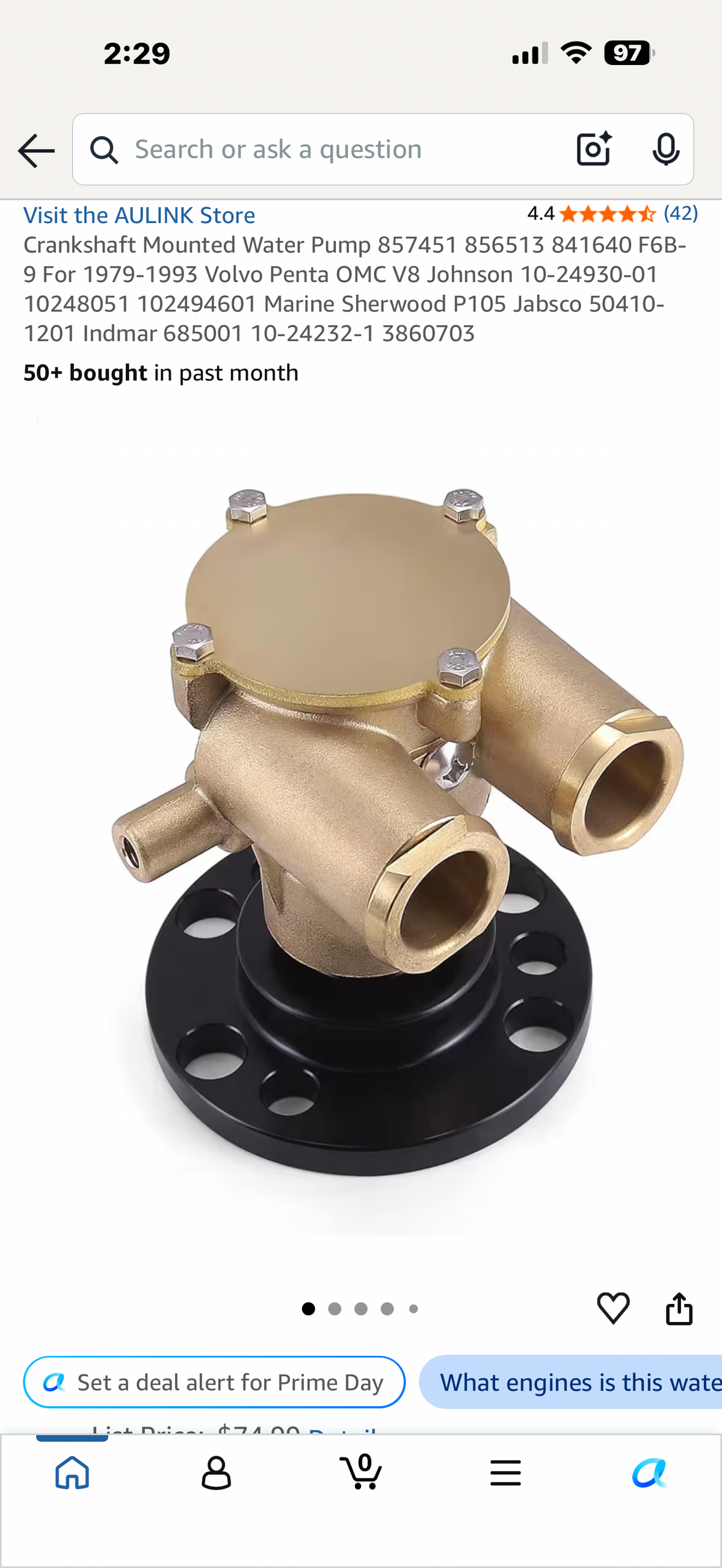 Crankshaft Mounted Water Pump 857451 856513 841640 F6B-9 For 1979-1993 Volvo Penta OMC V8 Johnson 10-24930-01 10248051 102494601 Marine Sherwood P105 Jabsco 50410-1201 Indmar 685001 10-24232-1 3860703