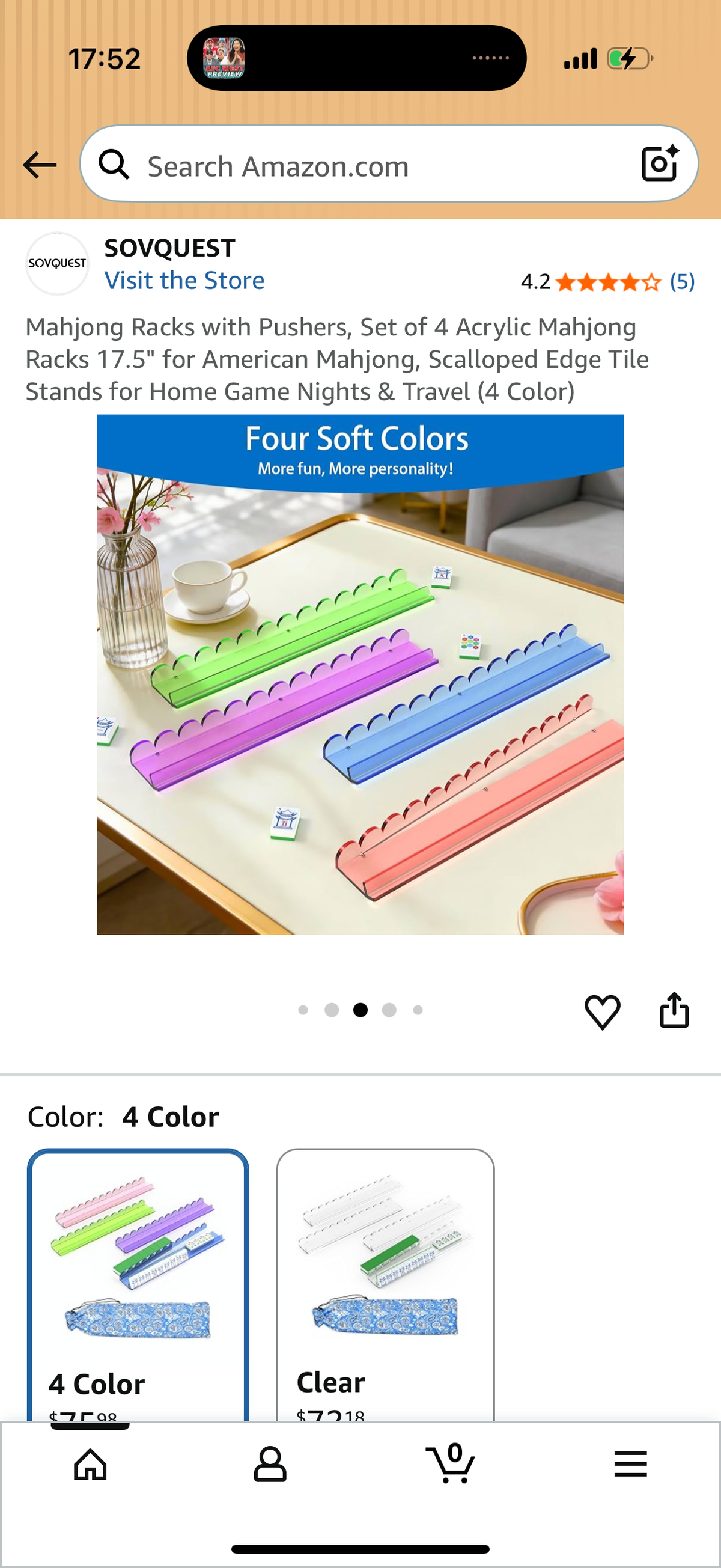 Mahjong Racks with Pushers, Set of 4 Acrylic Mahjong Racks 17.5" for American Mahjong, Scalloped Edge Tile Stands for Home Game Nights & Travel (4 Color)
