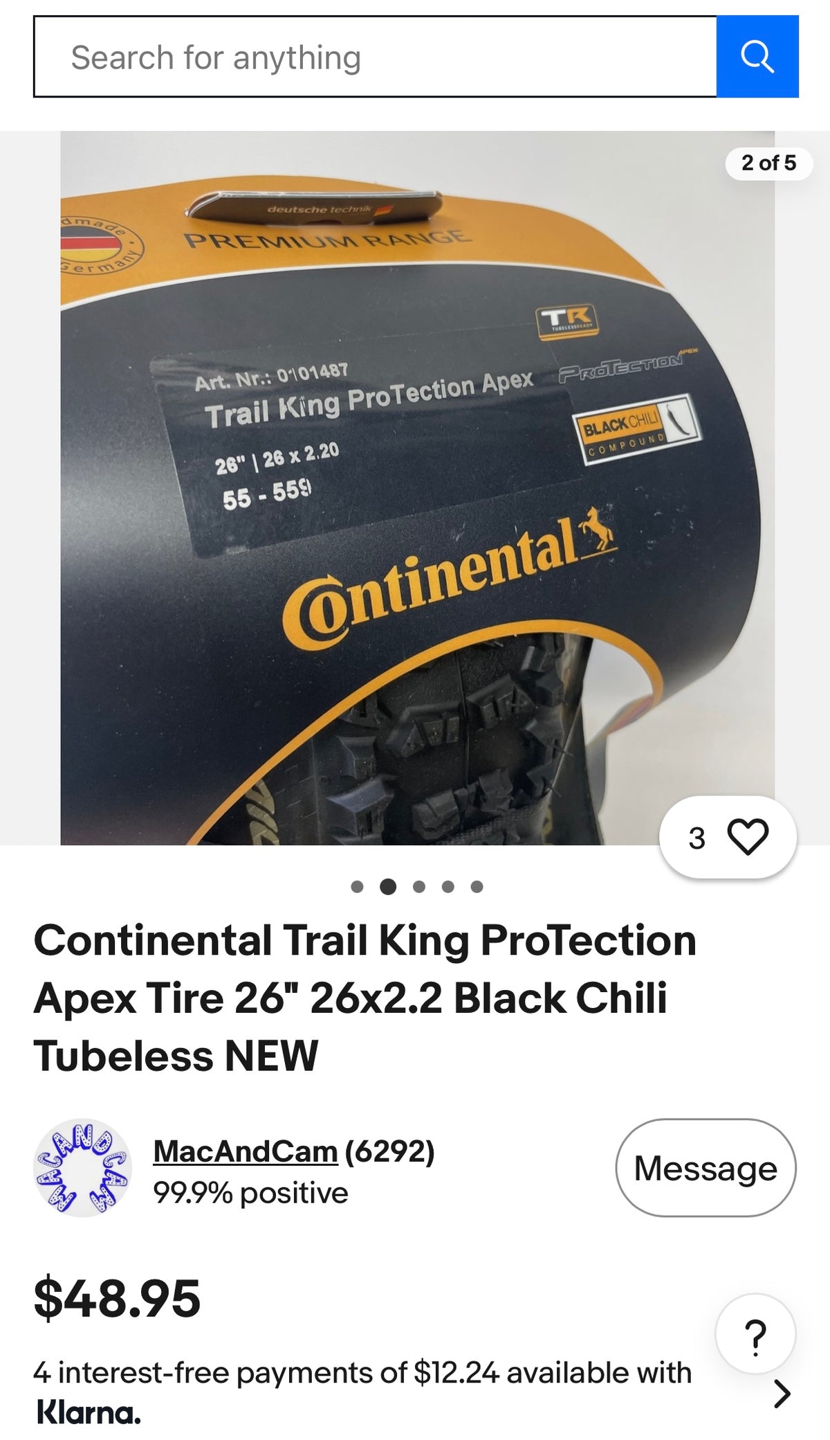 Continental Trail King ProTection Apex Tire 26" 26x2.2 Black Chili Tubeless
