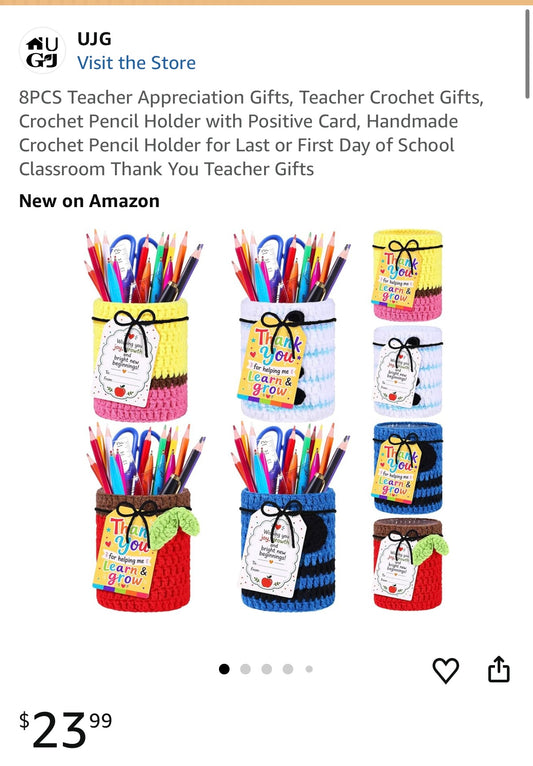8PCS Teacher Appreciation Gifts, Teacher Crochet Gifts, Crochet Pencil Holder with Positive Card, Handmade Crochet Pencil Holder for Last or First Day of School Classroom Thank You Teacher Gifts