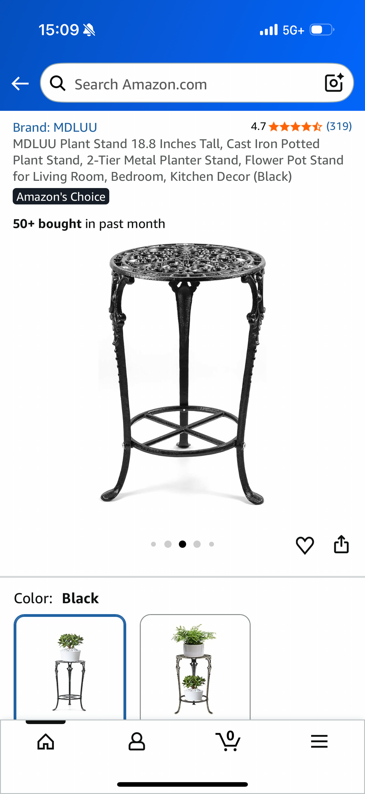 Plant Stand 18.8 Inches Tall, Cast Iron Potted Plant Stand, 2-Tier Metal Planter Stand, Flower Pot Stand for Living Room, Bedroom, Kitchen Decor (Black)