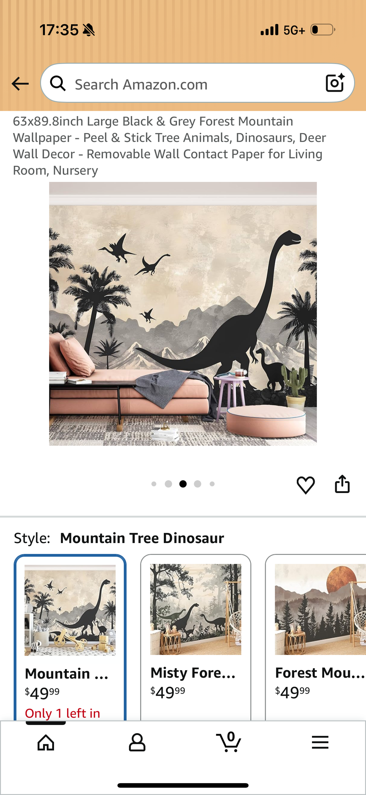 63x89.8inch Large Black & Grey Forest Mountain Wallpaper - Peel & Stick Tree Animals, Dinosaurs, Deer Wall Decor - Removable Wall Contact Paper for Living Room, Nursery