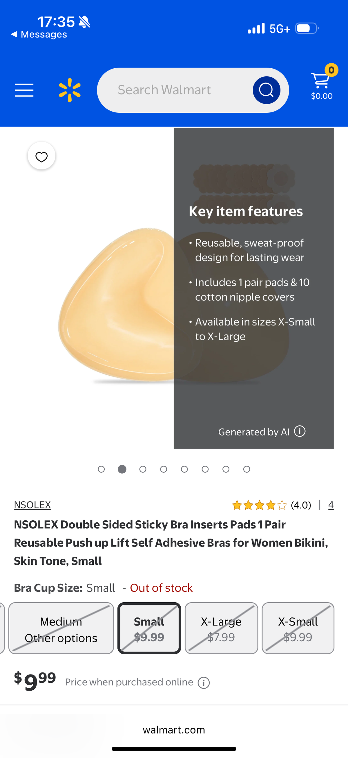 NSOLEX Double Sided Sticky Bra Inserts Pads 1 Pair Reusable Push up Lift Self Adhesive Bras for Women Bikini, Skin Tone, Small