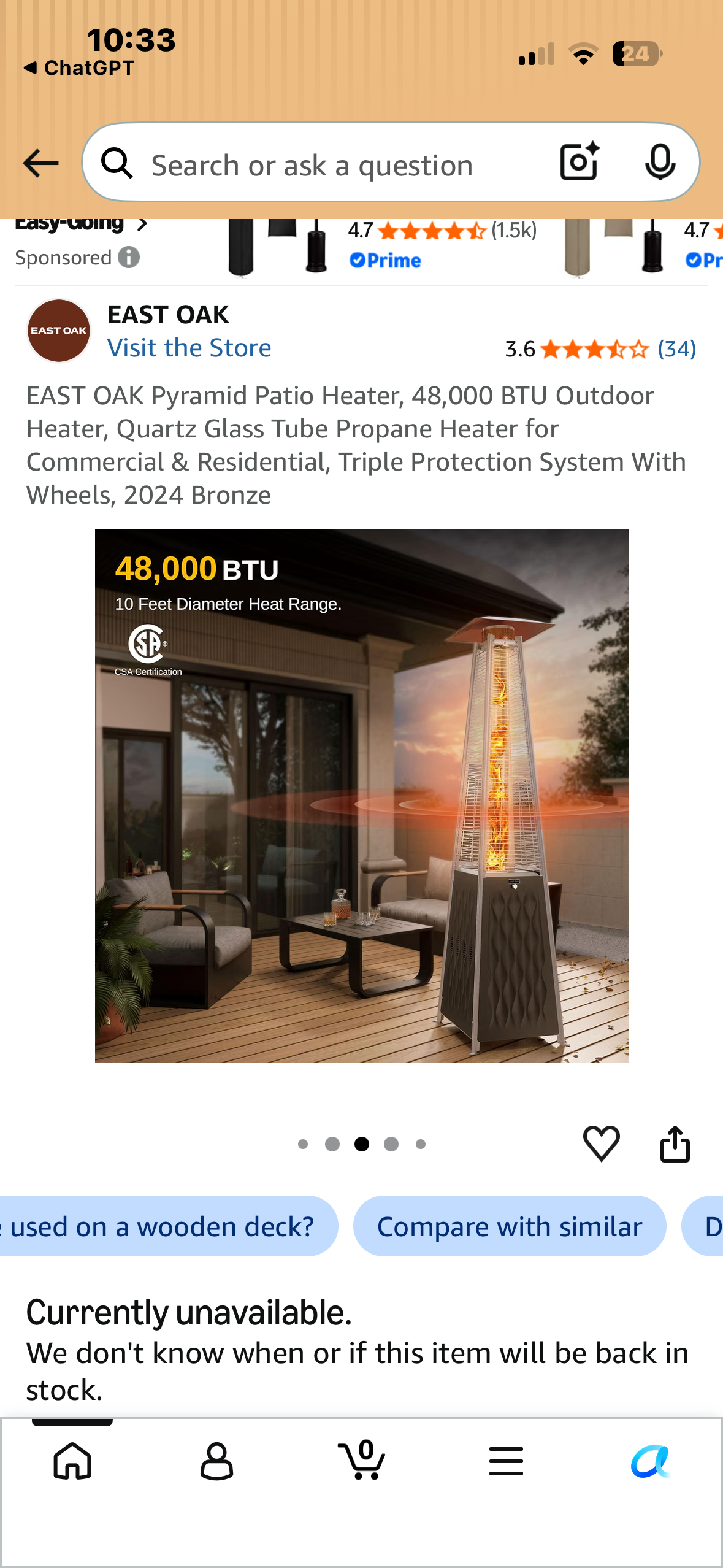 EAST OAK Pyramid Patio Heater, 48,000 BTU Outdoor Heater, Quartz Glass Tube Propane Heater for Commercial & Residential, Triple Protection System With Wheels, Bronze