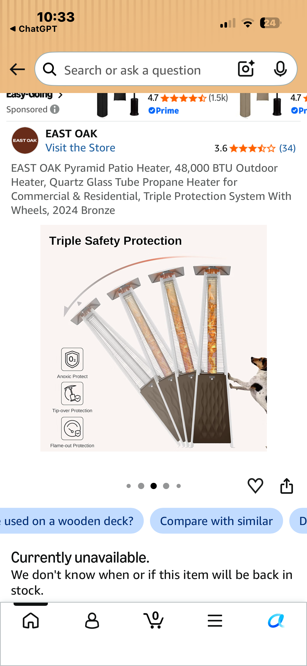 EAST OAK Pyramid Patio Heater, 48,000 BTU Outdoor Heater, Quartz Glass Tube Propane Heater for Commercial & Residential, Triple Protection System With Wheels, Bronze