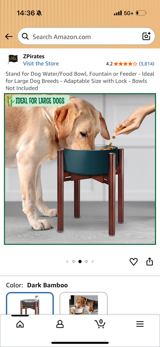 Dog Bowl Stand for Large Breed - Raise, Elevate Bowls to 14-inch High - Adjustable, Fits Any Single Pet Food/Water Feeders and Fountains - Durable Bamboo