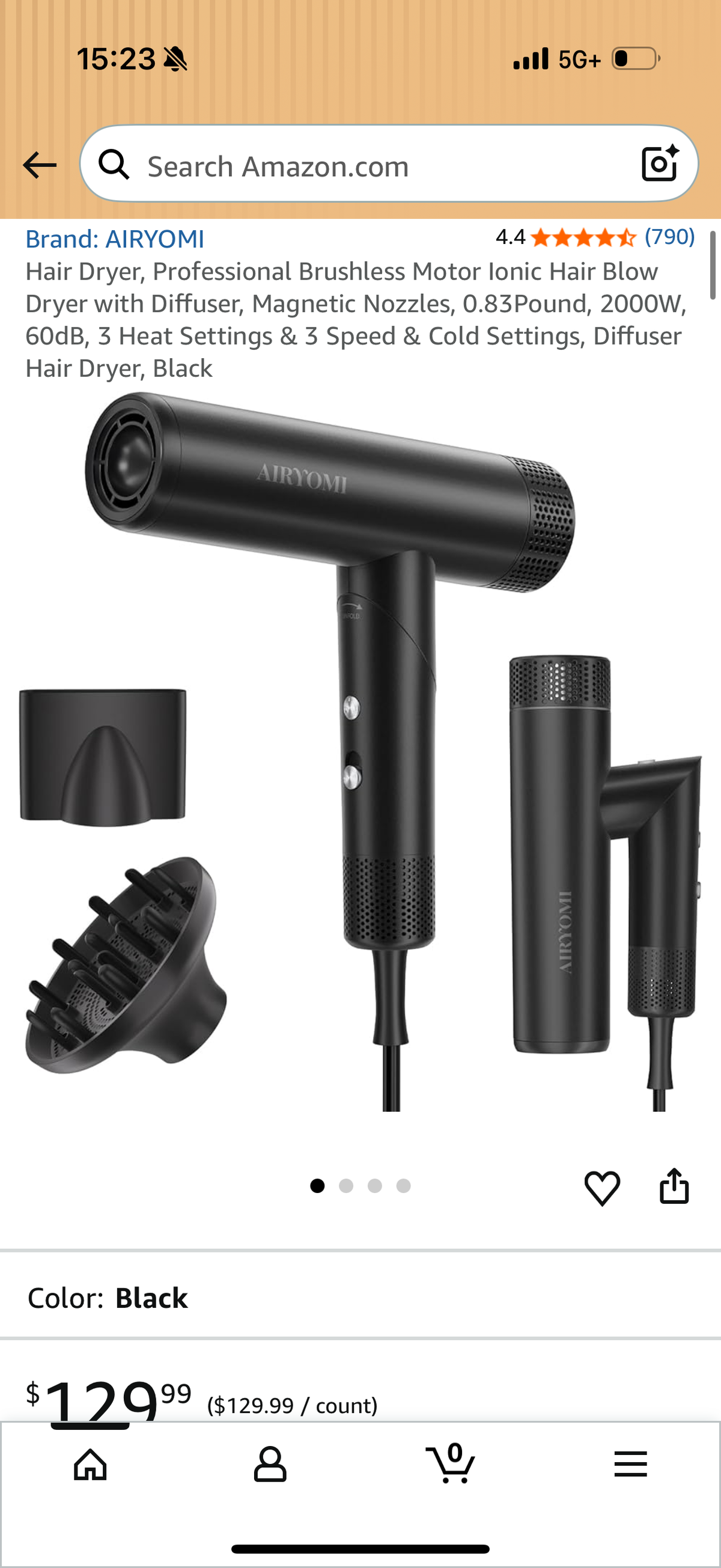 Hair Dryer, Professional Brushless Motor lonic Hair Blow Dryer with Diffuser, Magnetic Nozzles, 0.83Pound, 2000W, 60dB, 3 Heat Settings & 3 Speed & Cold Settings, Diffuser Hair Dryer, Black