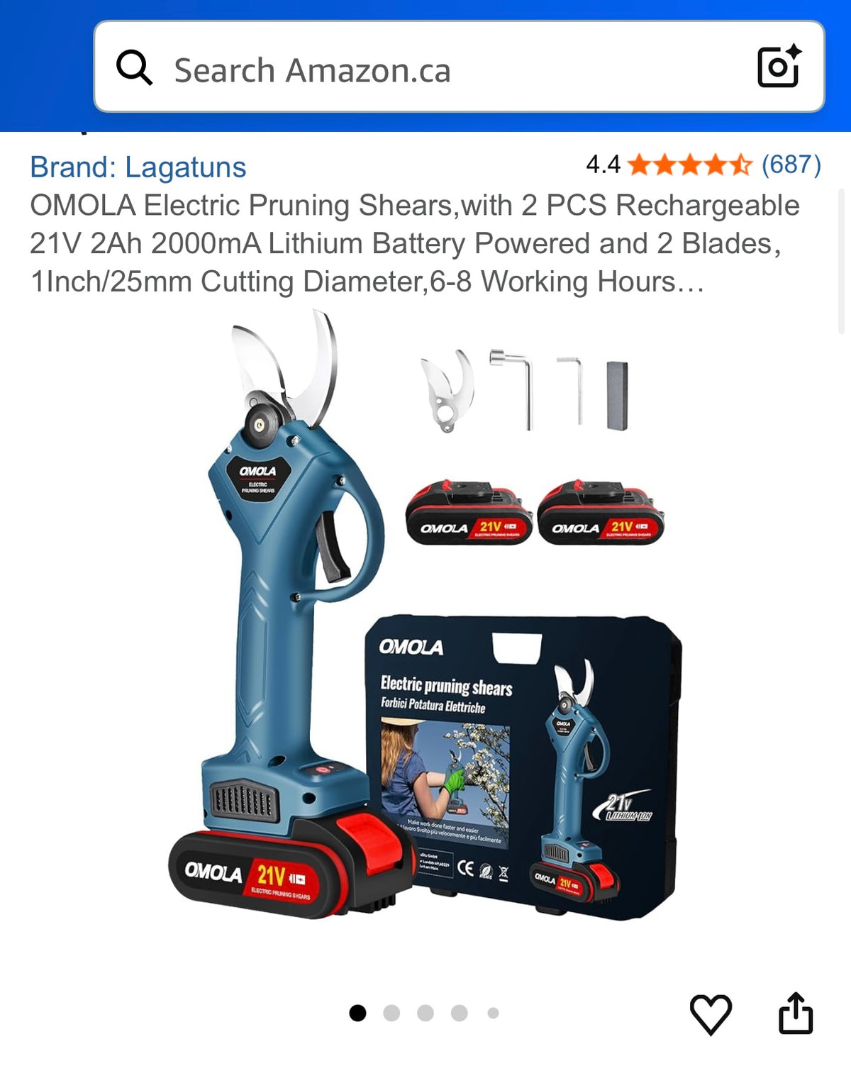 OMOLA Electric Pruning Shears, with 2 PCS Rechargeable 21V 2Ah 2000mA Lithium Battery Powered and 2 Blades, 1Inch/25mm Cutting Diameter, 6-8 Working Hours