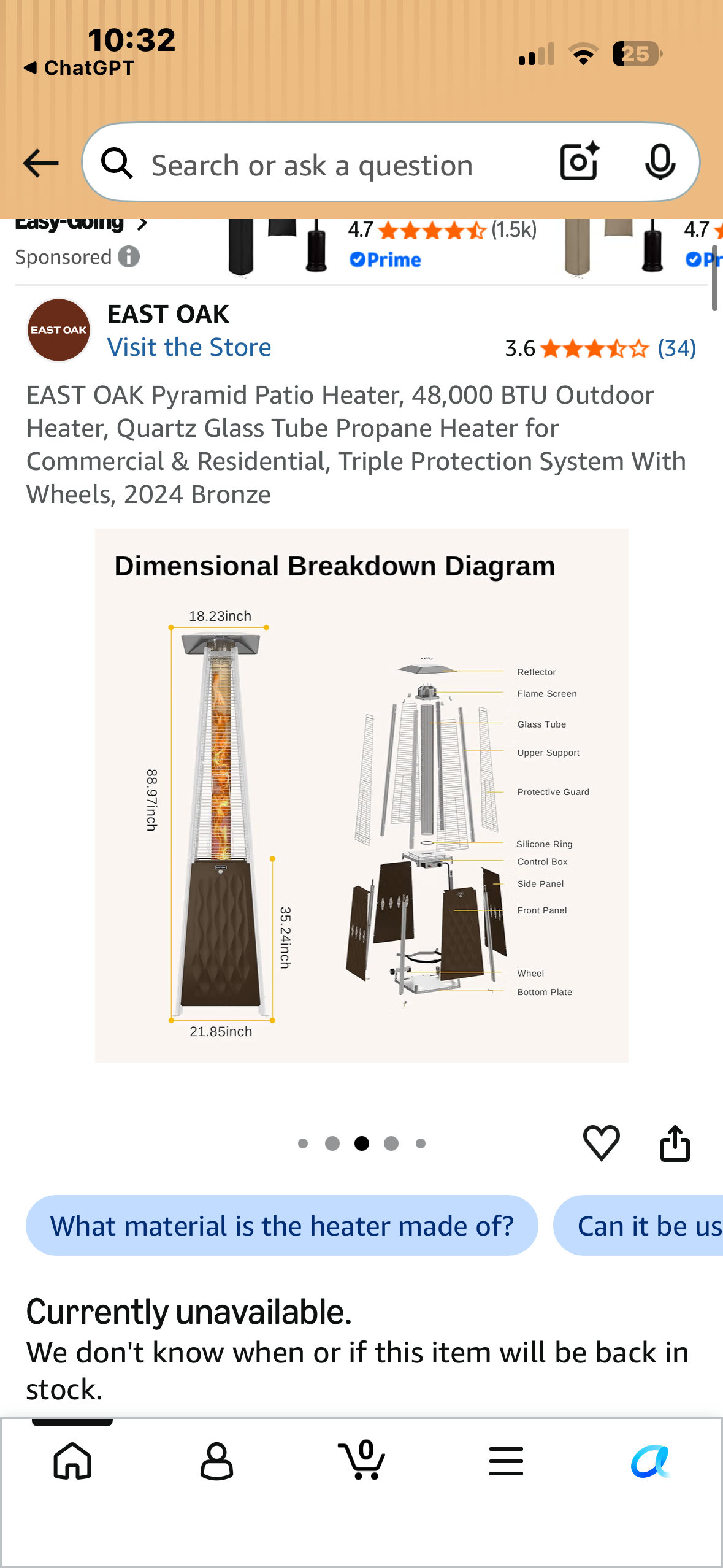 EAST OAK Pyramid Patio Heater, 48,000 BTU Outdoor Heater, Quartz Glass Tube Propane Heater for Commercial & Residential, Triple Protection System With Wheels, Bronze