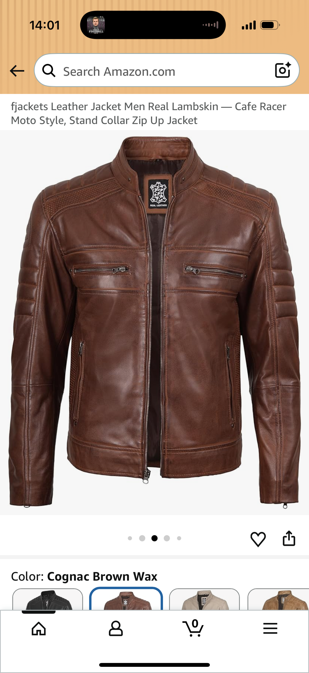 Leather Jacket Men Real Lambskin — Cafe Racer Moto Style, Stand Collar Zip Up Jacket XXXL