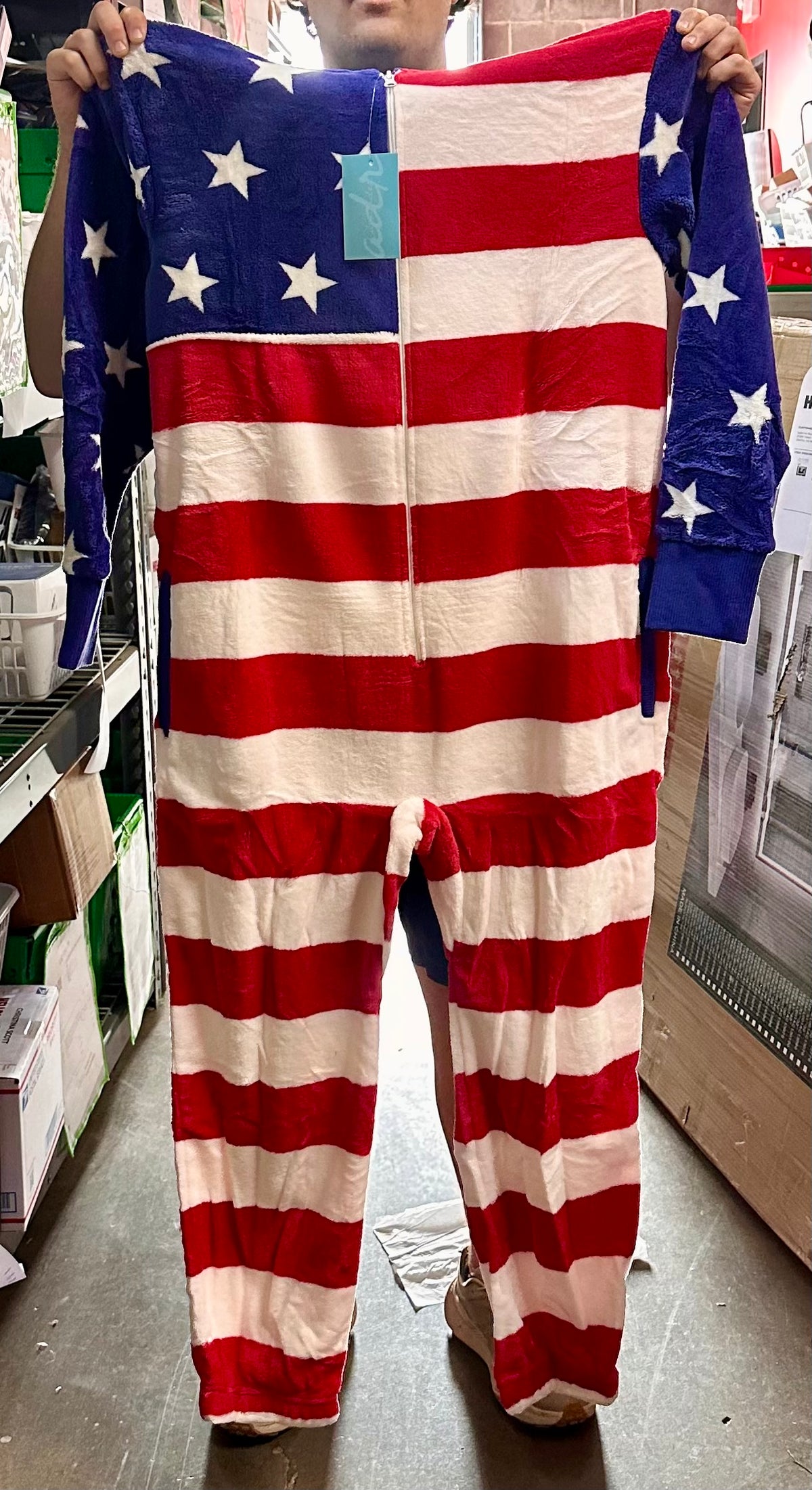 Alexander Del Rossa Warm Fleece One Piece Pajamas, Adult Onesie with Hoodie, American Flag Limited Edition (Size S)