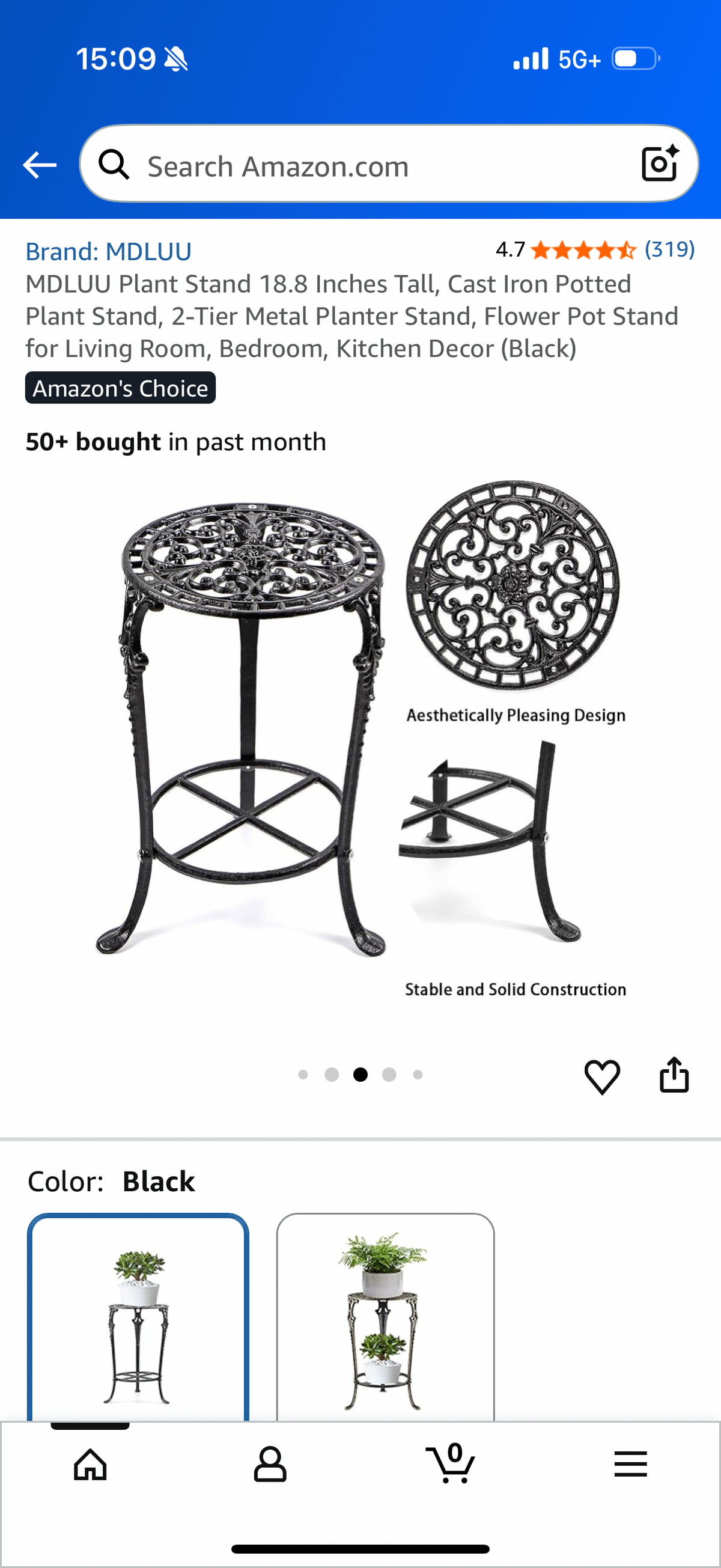 Plant Stand 18.8 Inches Tall, Cast Iron Potted Plant Stand, 2-Tier Metal Planter Stand, Flower Pot Stand for Living Room, Bedroom, Kitchen Decor (Black)