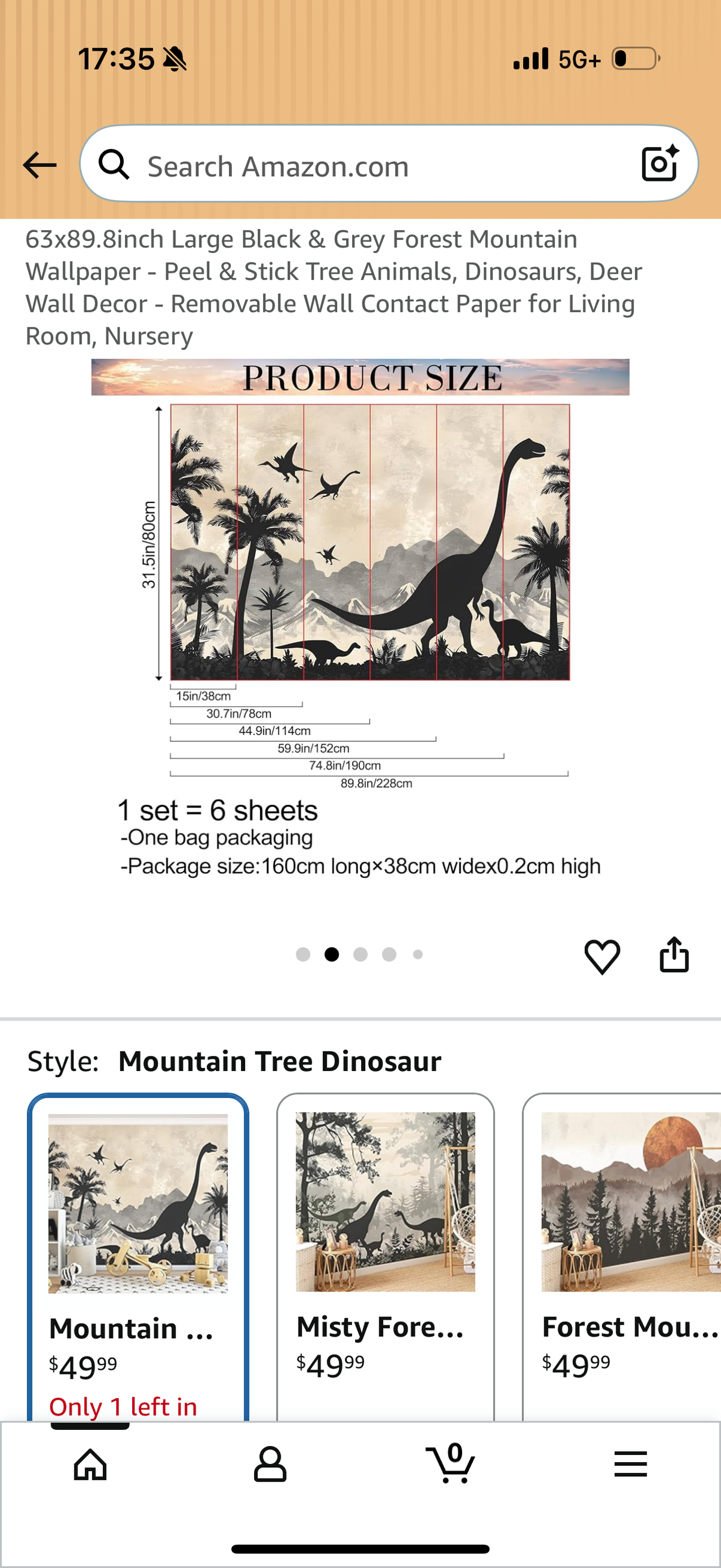 63x89.8inch Large Black & Grey Forest Mountain Wallpaper - Peel & Stick Tree Animals, Dinosaurs, Deer Wall Decor - Removable Wall Contact Paper for Living Room, Nursery