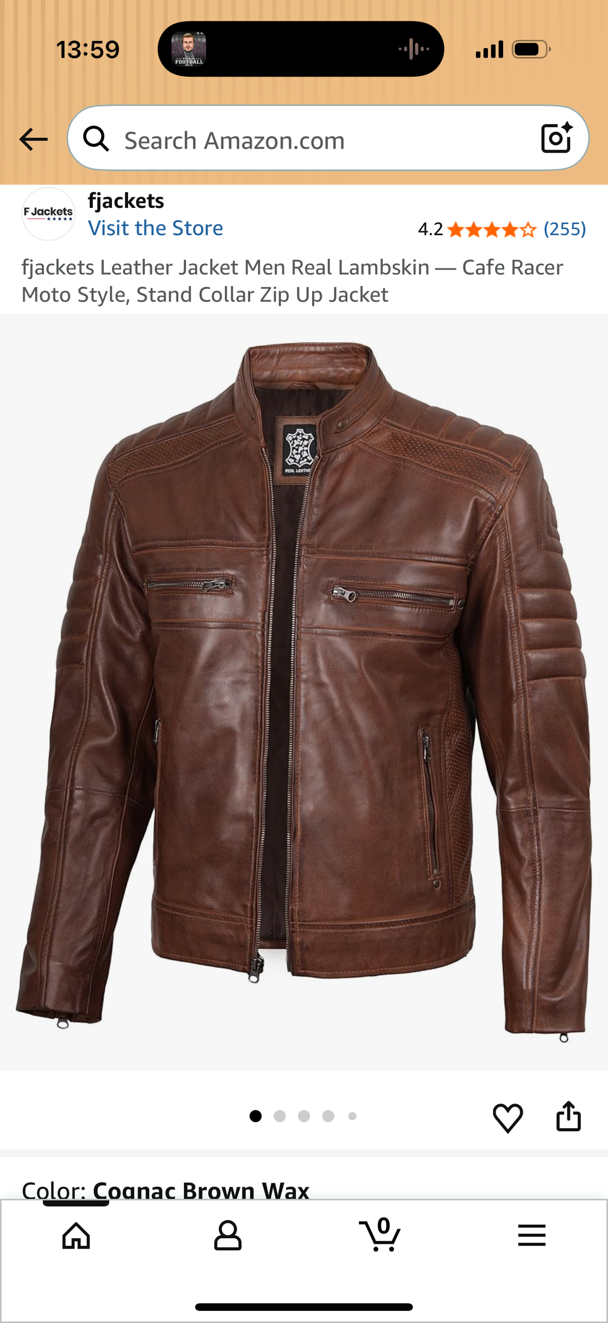 Leather Jacket Men Real Lambskin — Cafe Racer Moto Style, Stand Collar Zip Up Jacket XXXL