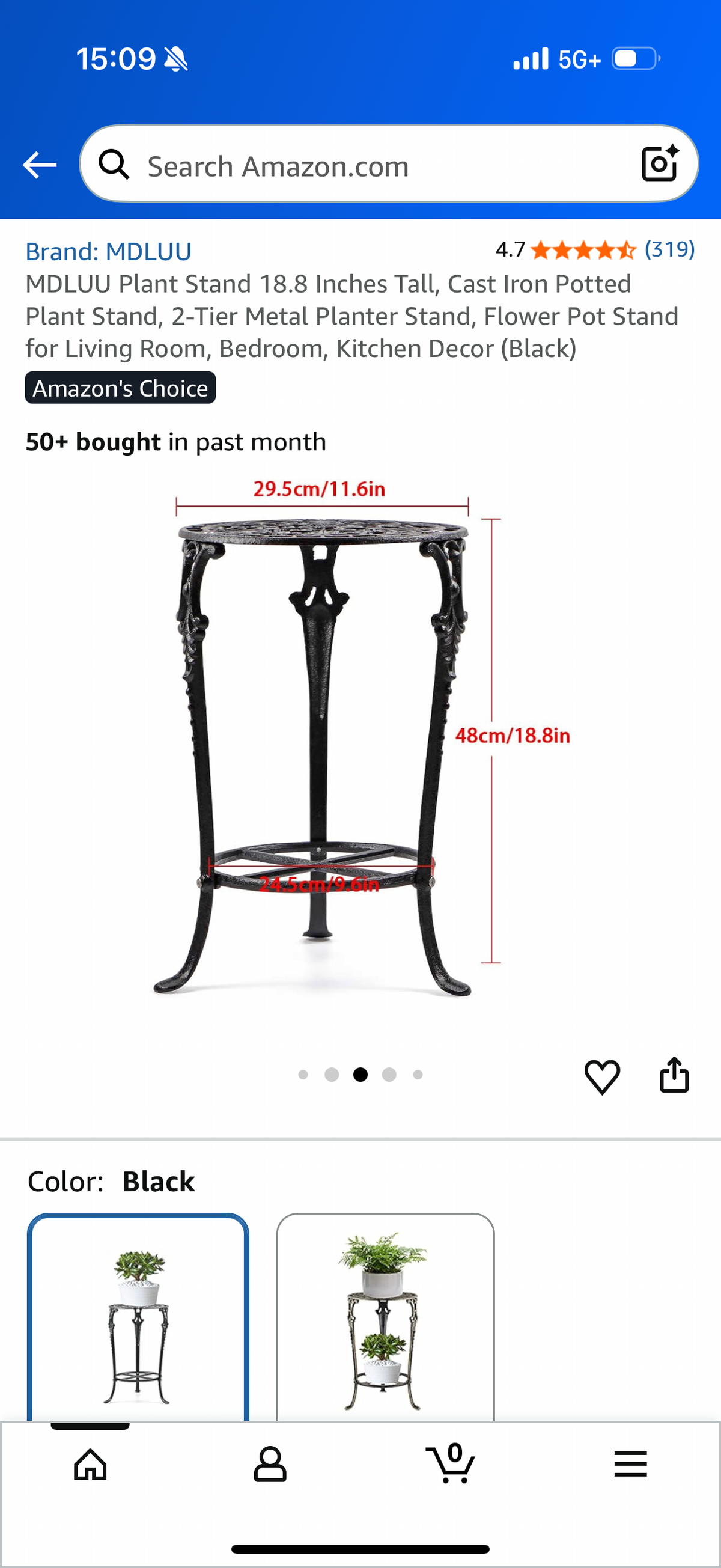 Plant Stand 18.8 Inches Tall, Cast Iron Potted Plant Stand, 2-Tier Metal Planter Stand, Flower Pot Stand for Living Room, Bedroom, Kitchen Decor (Black)