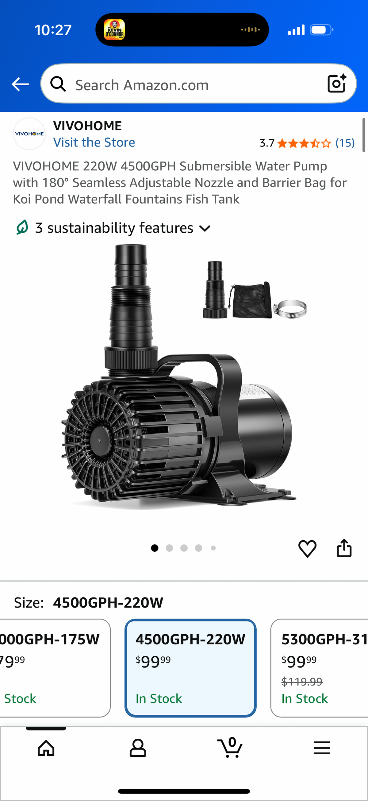 VIVOHOME 220W 4500GPH Submersible Water Pump with 180° Seamless Adjustable Nozzle and Barrier Bag for Koi Pond Waterfall Fountains Fish Tank