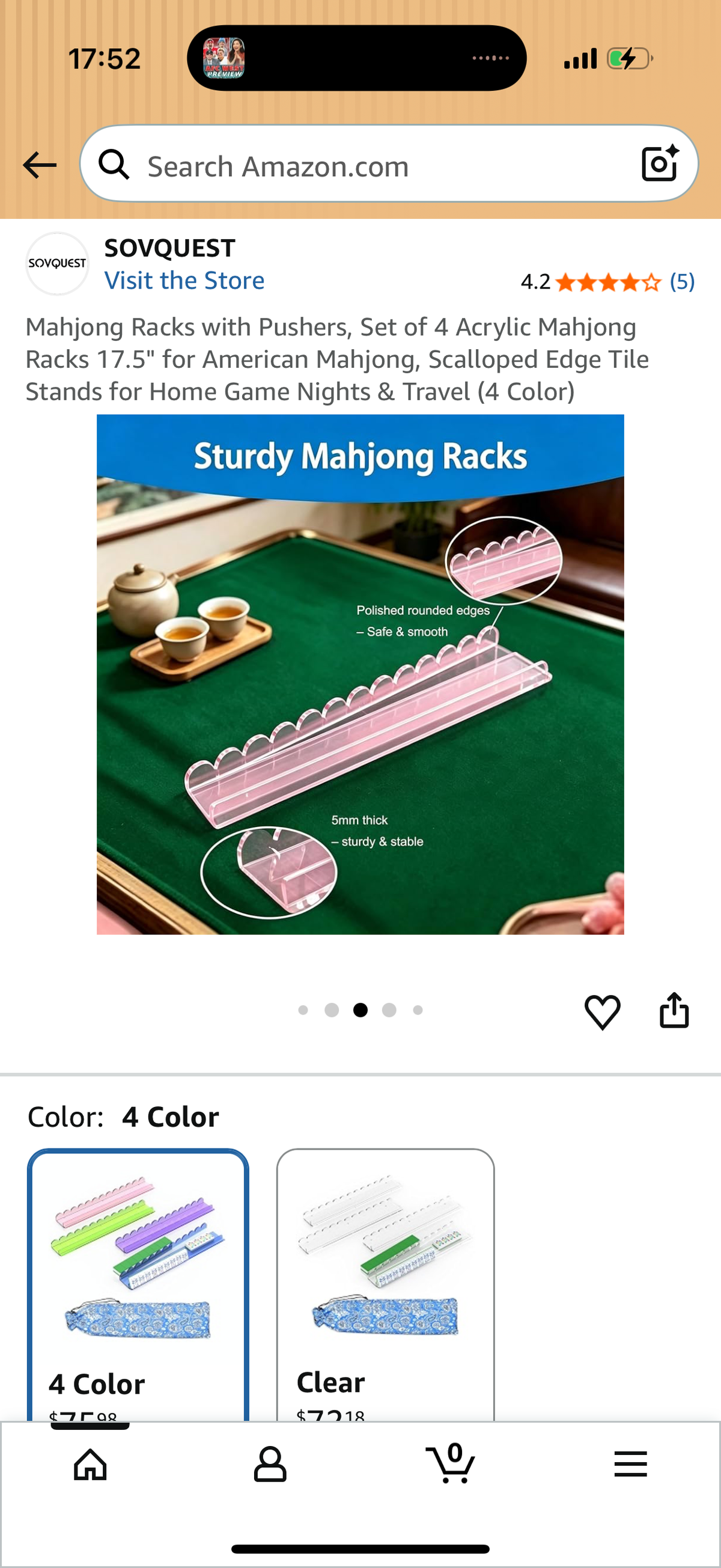 Mahjong Racks with Pushers, Set of 4 Acrylic Mahjong Racks 17.5" for American Mahjong, Scalloped Edge Tile Stands for Home Game Nights & Travel (4 Color)