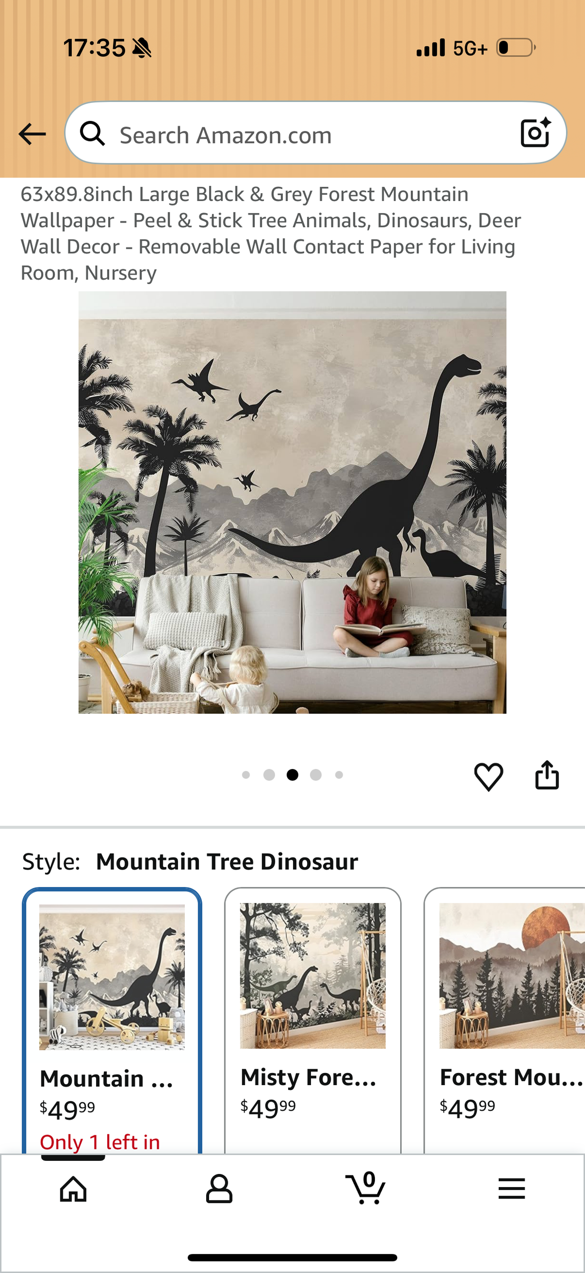 63x89.8inch Large Black & Grey Forest Mountain Wallpaper - Peel & Stick Tree Animals, Dinosaurs, Deer Wall Decor - Removable Wall Contact Paper for Living Room, Nursery