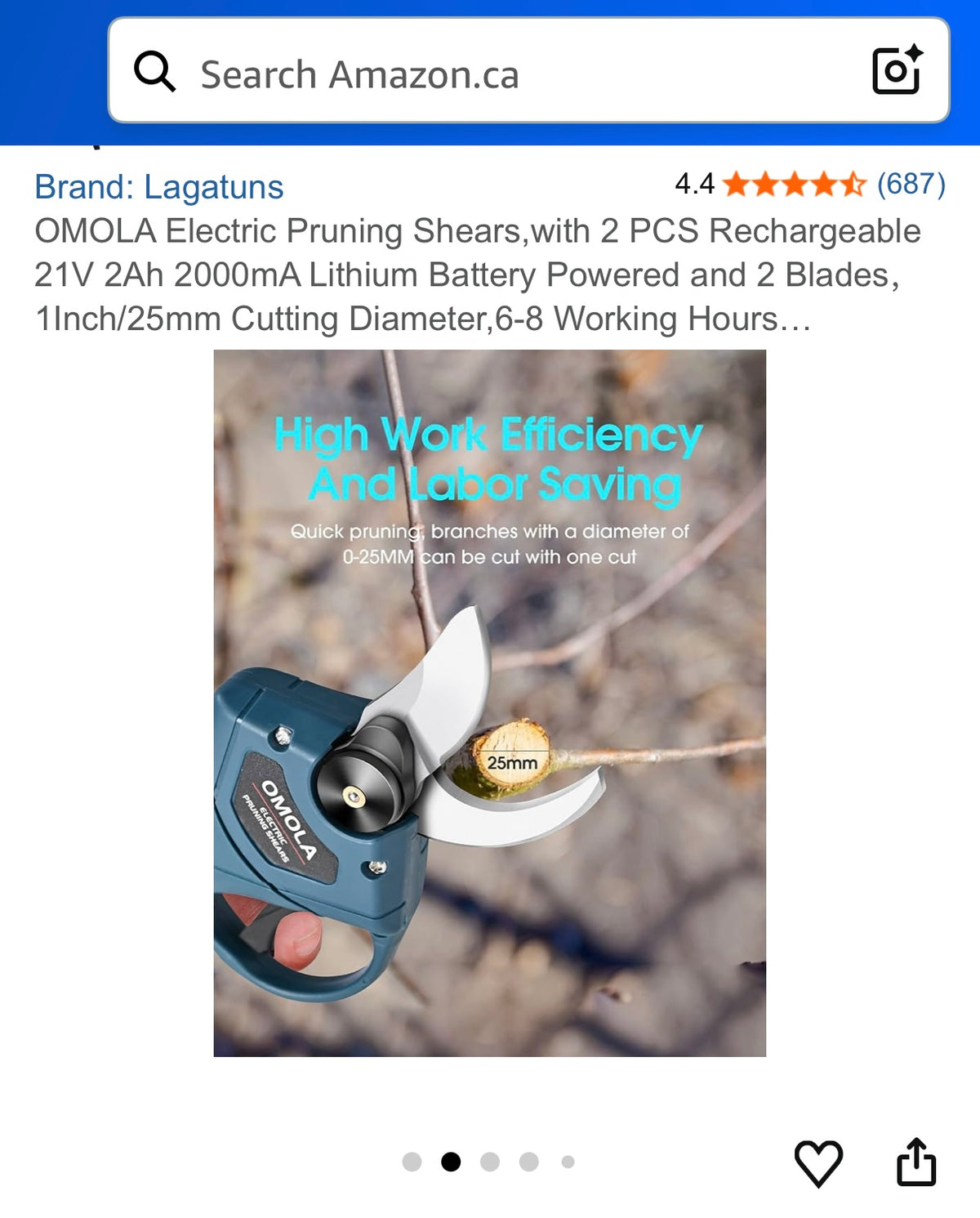 OMOLA Electric Pruning Shears, with 2 PCS Rechargeable 21V 2Ah 2000mA Lithium Battery Powered and 2 Blades, 1Inch/25mm Cutting Diameter, 6-8 Working Hours