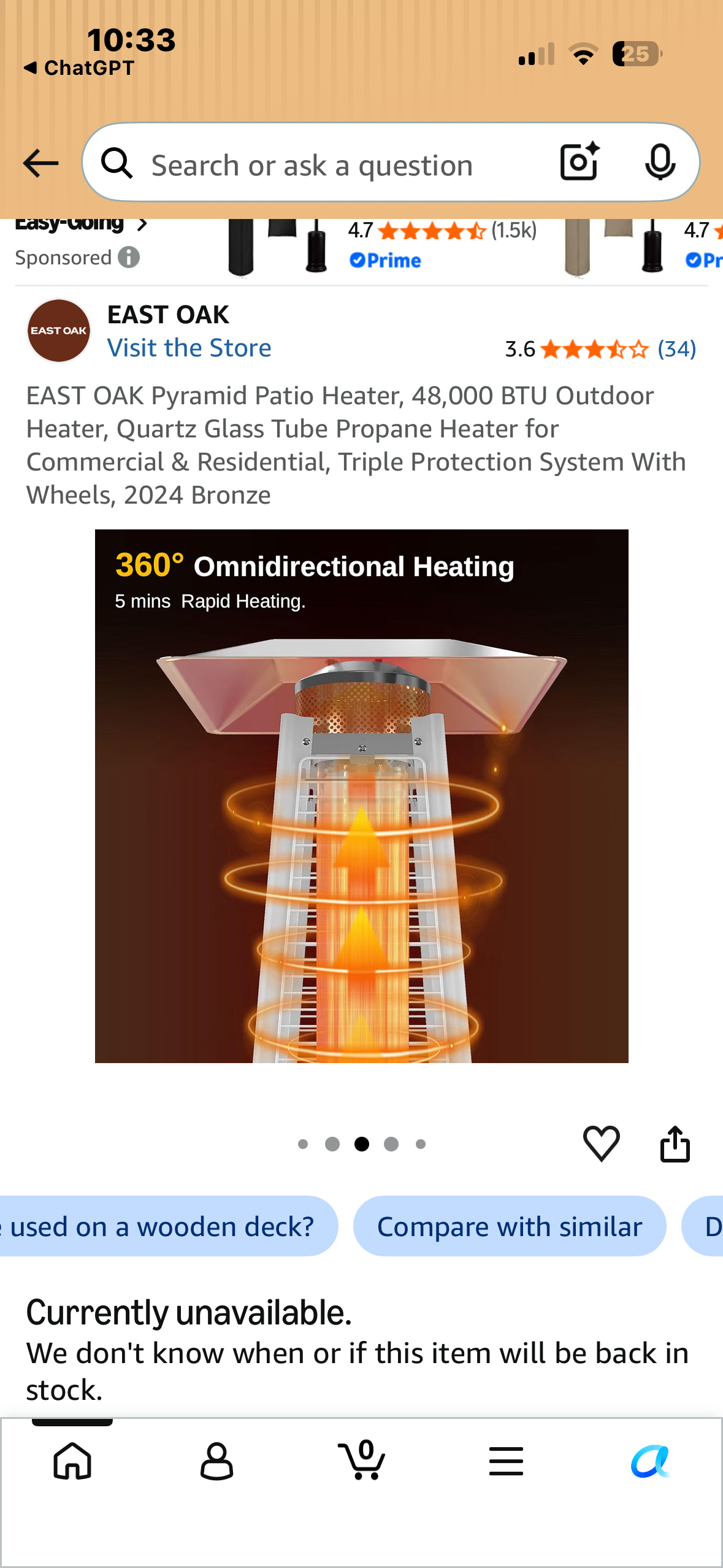 EAST OAK Pyramid Patio Heater, 48,000 BTU Outdoor Heater, Quartz Glass Tube Propane Heater for Commercial & Residential, Triple Protection System With Wheels, Bronze