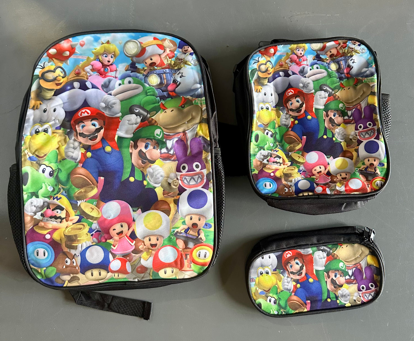 Mario Brothers, backpack, lunch bag, and pencil bag