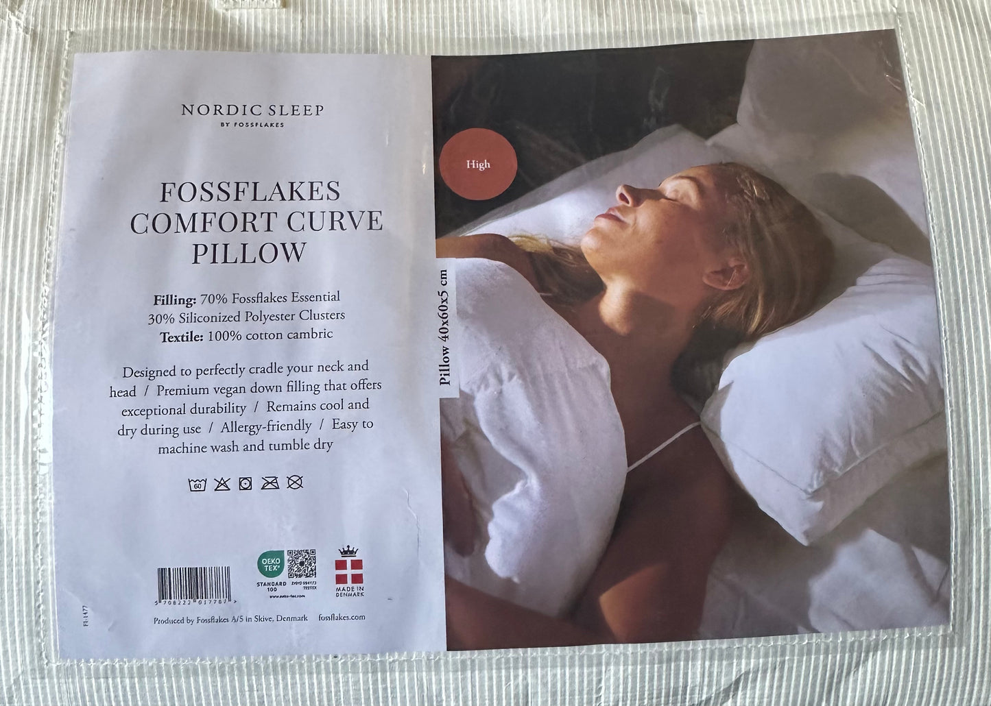 FOSSFLAKES Comfort Curve Pillow – High Loft Ergonomic Neck Support Bed Pillow for Back & Side Sleepers, Premium Vegan Down, Hypoallergenic & Breathable, 16 x 24 in by Nordic Sleep