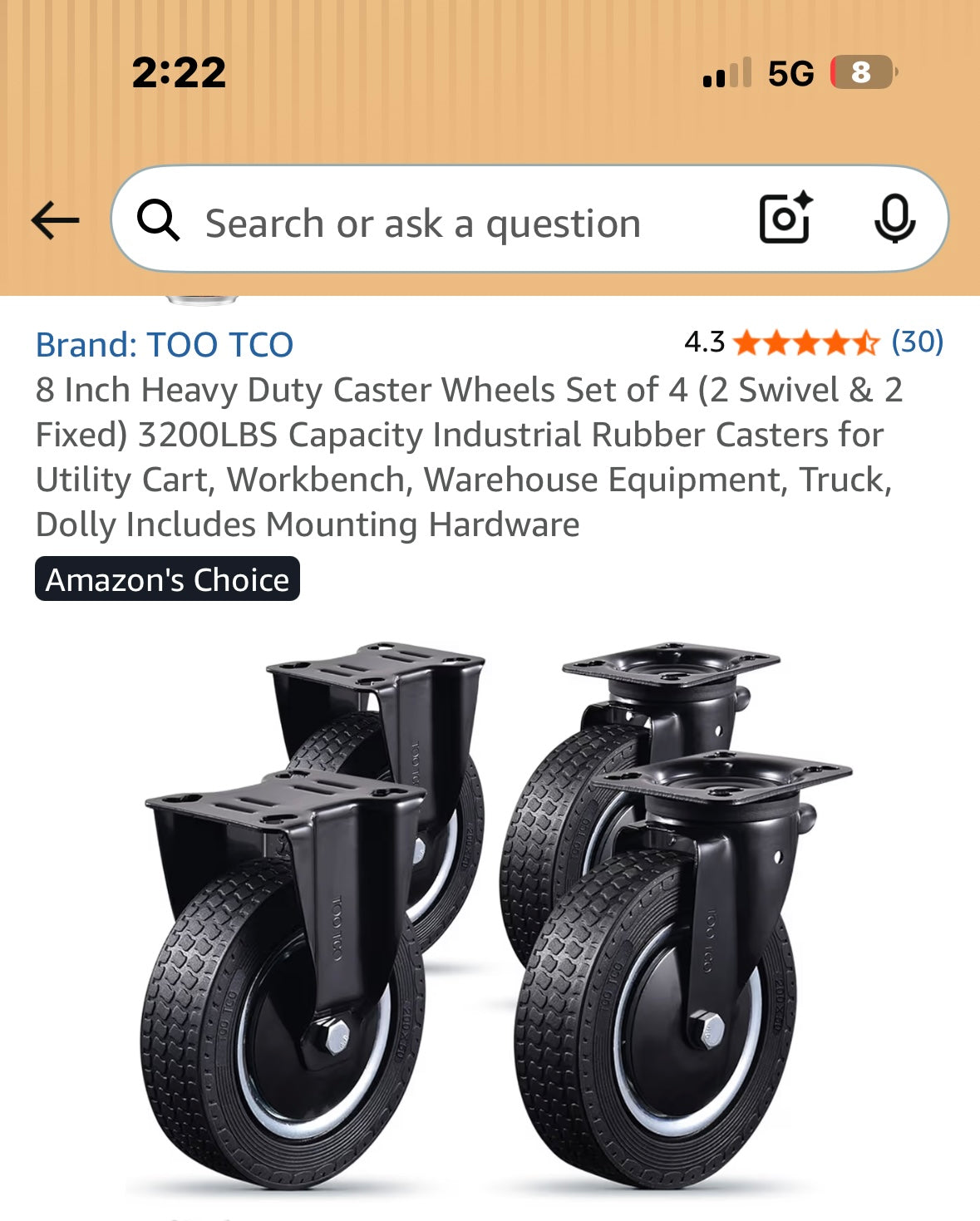 8 Inch Heavy Duty Caster Wheels, Set of 4 (2 Swivel & 2 Fixed) 3200LBS Capacity, Industrial Rubber Casters for Utility Cart, Workbench, Warehouse Equipment, Truck, Dolly Includes Mounting Hardware