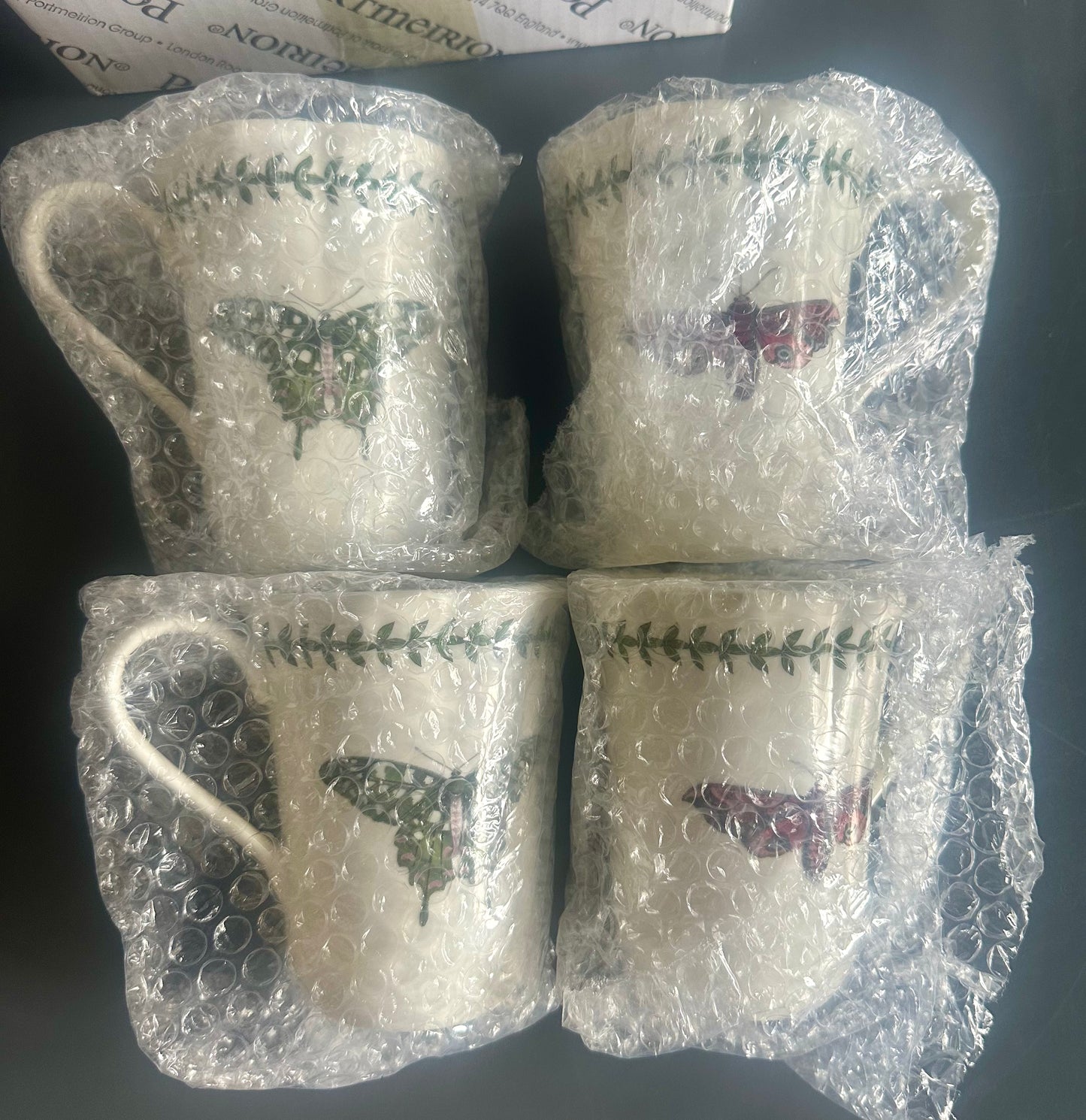 Portmeirion Butterfly Set of 4-14 oz Porcelain Coffee & Tea Cups with Butterfly Motif, Laurel Leaf Border & Lotus-Shaped Rim - Dishwasher & Microwave Safe