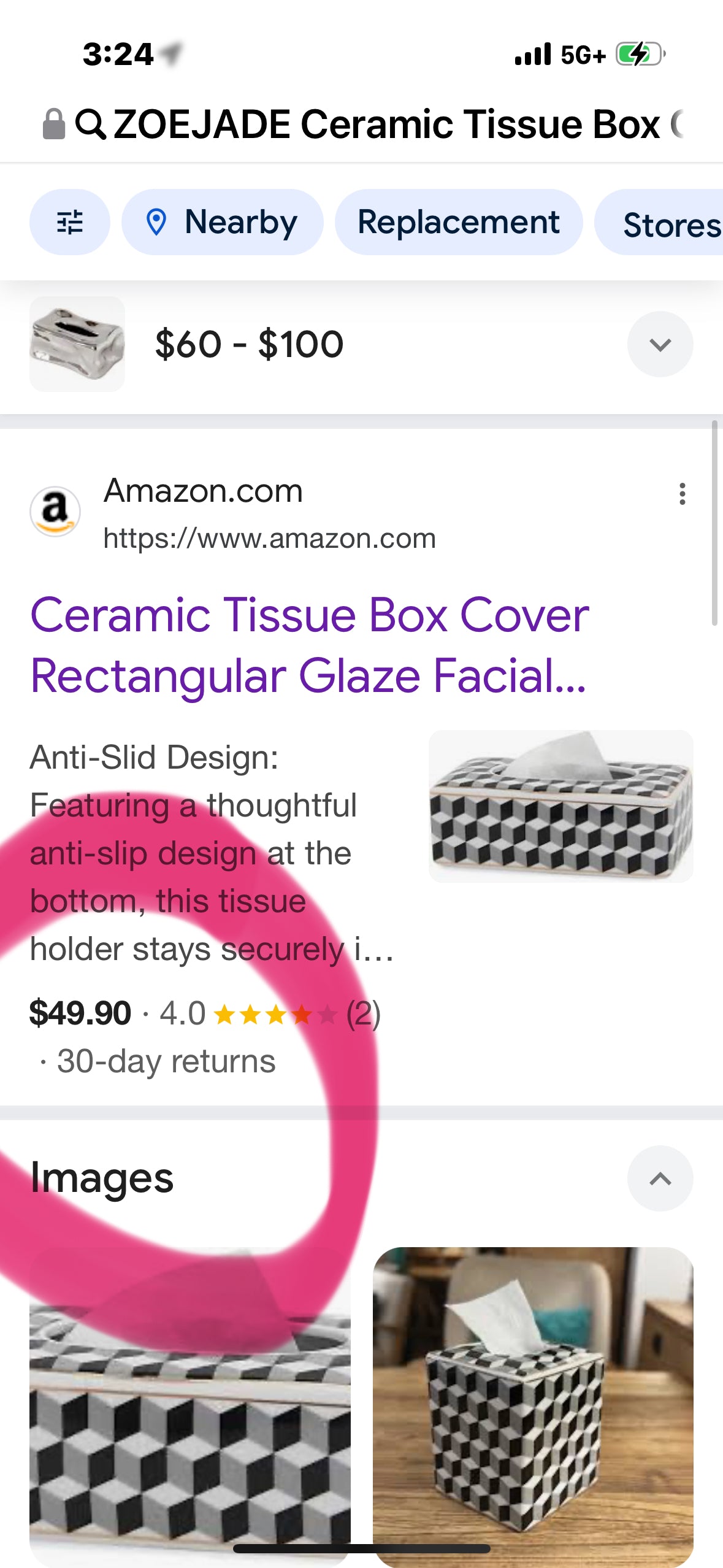 ZOEJADE Ceramic Tissue Box Cover Rectangular Glaze Facial Tissue Holder Case Dispense Modernism Minimalism Geometric Patternfor Home Living Room Bedroom Bathroom Washroom Black White Grey