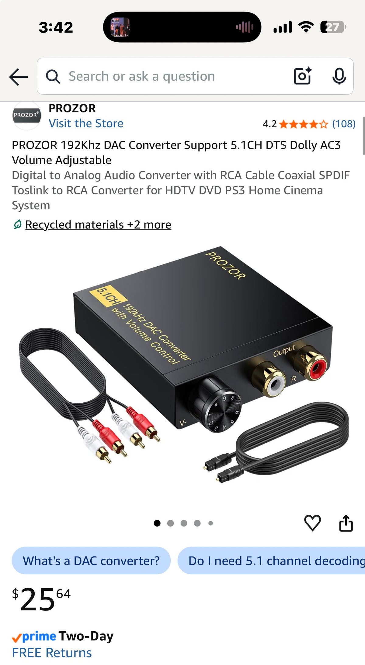 PROZOR 192Khz DAC Converter Support 5.1CH DTS Dolly AC3 Volume Adjustable