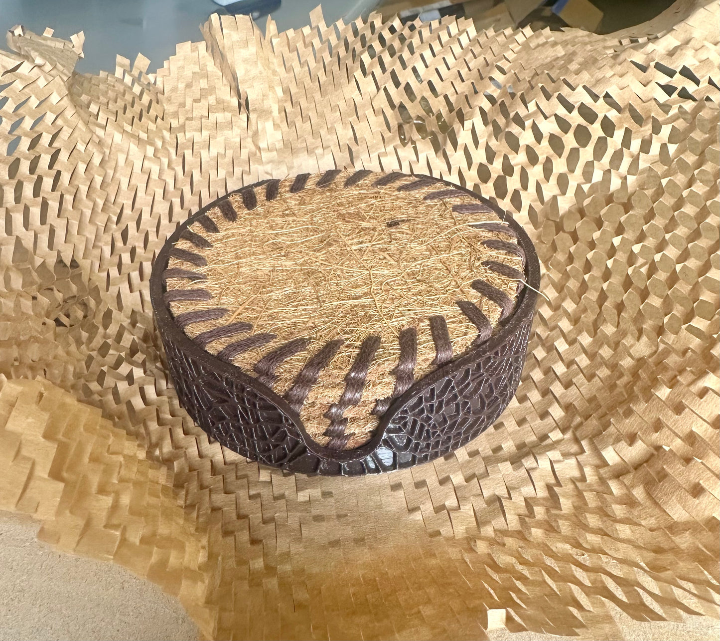 Natural Fiber Coasters with Leather Stitched Edge, Each Set with Coasters Holder, Round in 4.0' Inch Set of 5 (5, Light Brown (Coconut Fiber))