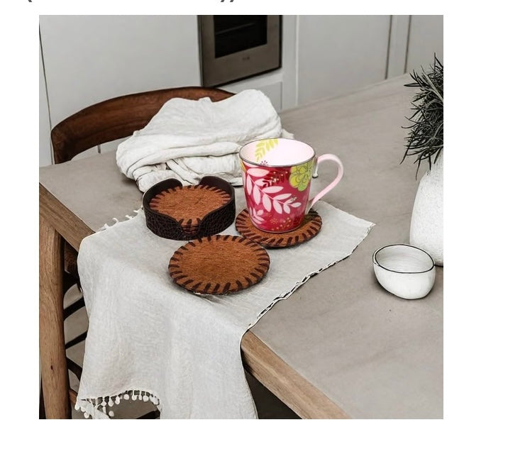 Natural Fiber Coasters with Leather Stitched Edge, Each Set with Coasters Holder, Round in 4.0' Inch Set of 5 (5, Light Brown (Coconut Fiber))