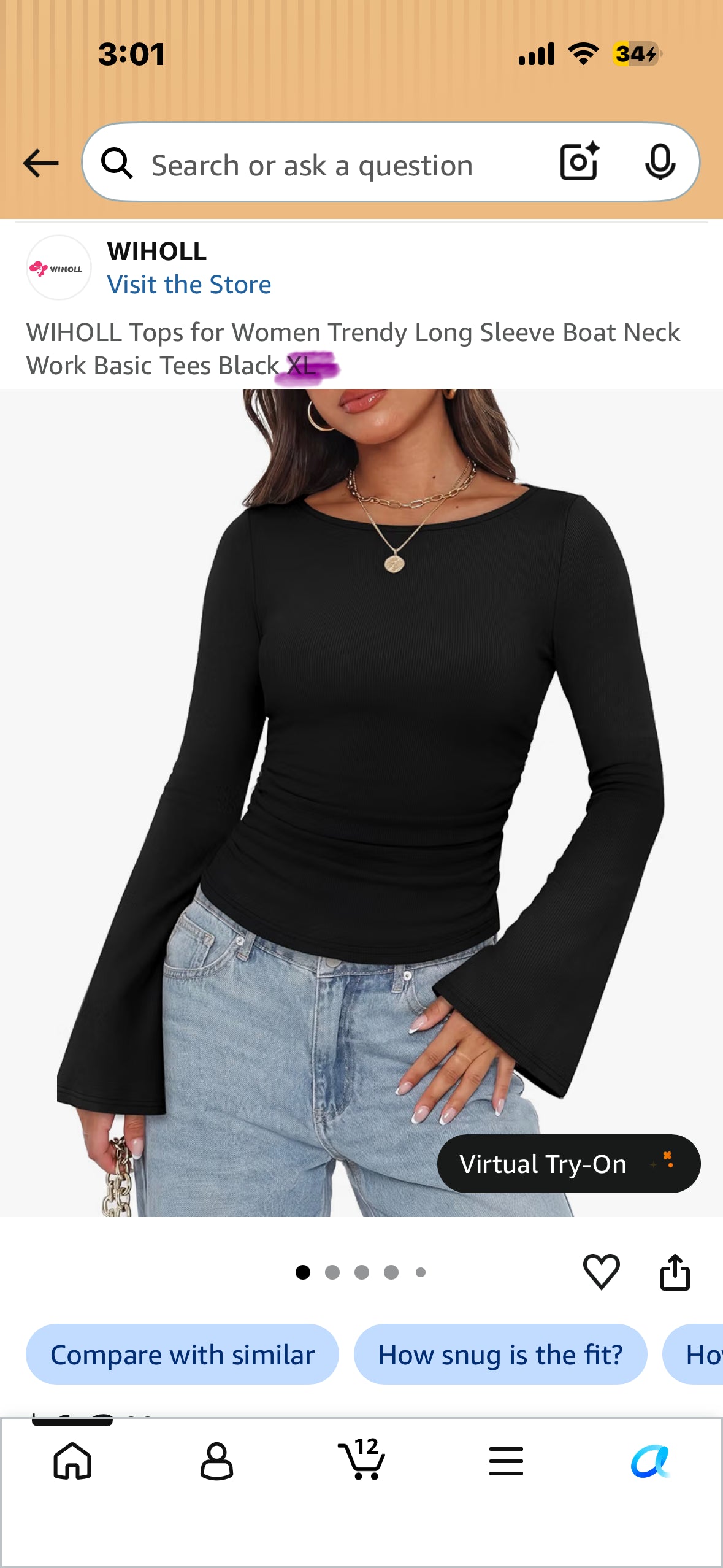 Trendy Long Sleeve Boat Neck Work Basic Tees Black (Size Large)