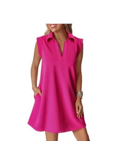 Cicy Bell Womens Summer Mini Dress Cap Sleeve Collared V Neck Casual Ribbed A Line Tunic T Shirt Dress, Rose Red (Size Large)