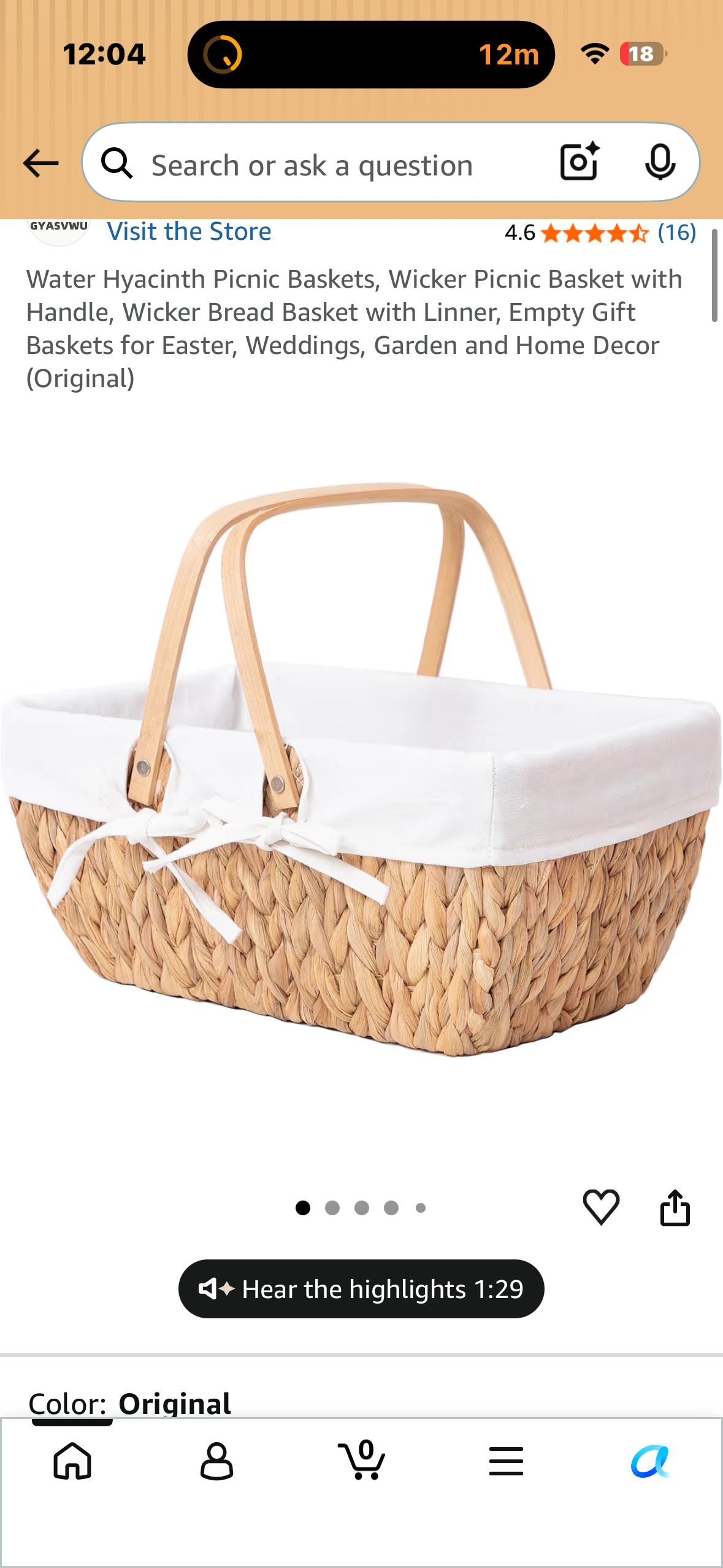 Wicker Picnic Basket with Handle, Wicker Bread Basket with Liner, Gift Basket for Easter, Weddings, Garden, Picnic and Home Decor