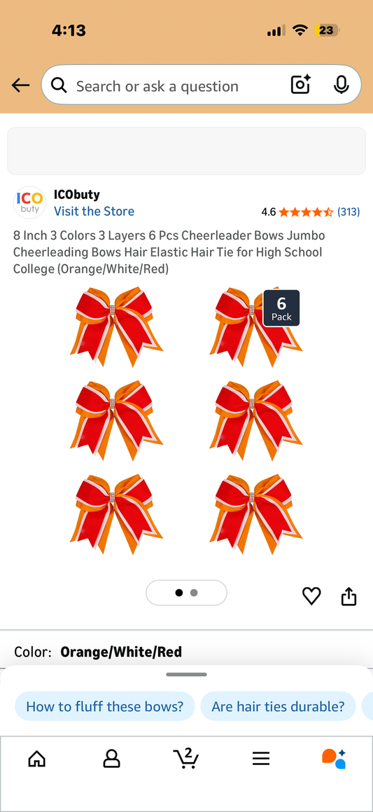 8 Inch 3 Colors 3 Layers 6 Pcs Cheerleader Bows Jumbo Cheerleading Bows Hair Elastic Hair Tie for High School College (Orange/White/Red