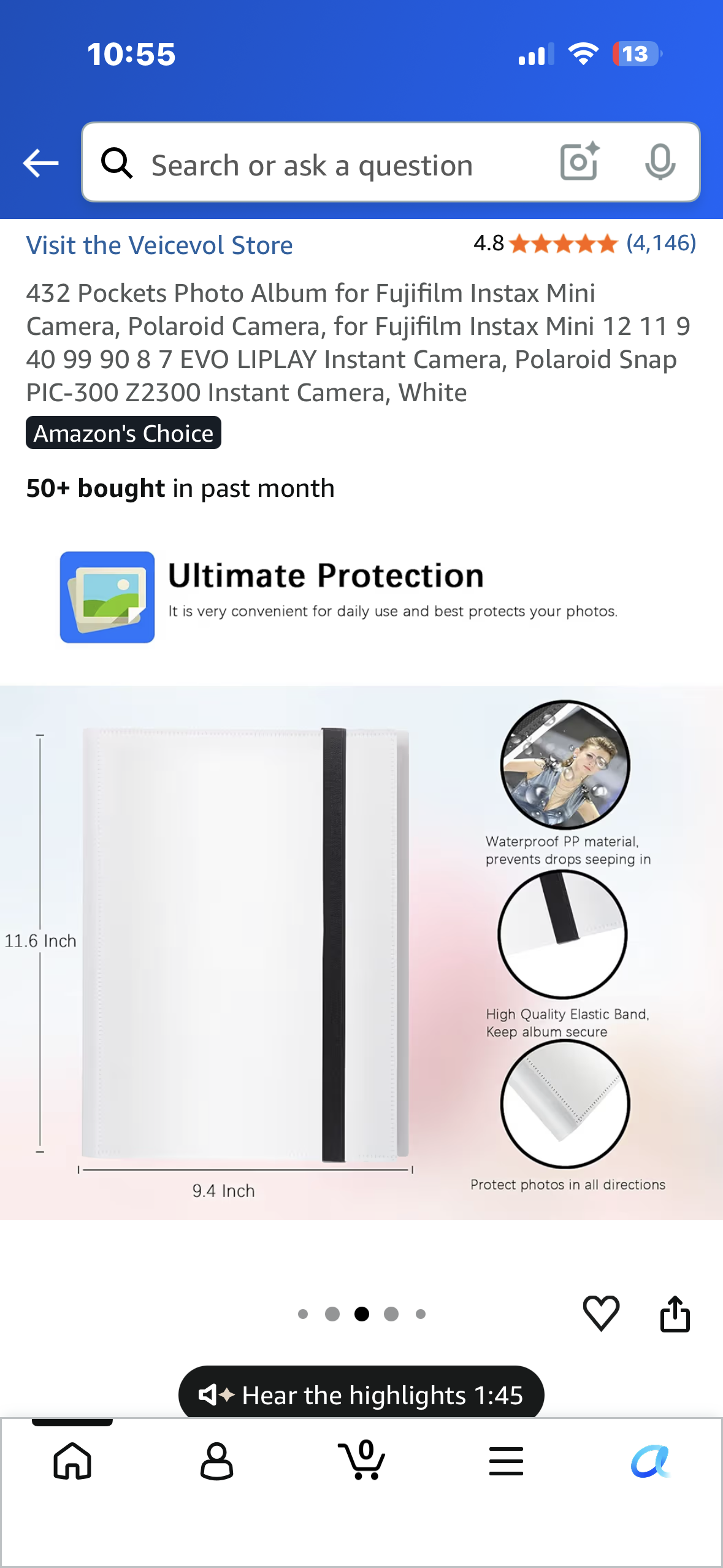 432 Pocketss Photo Album for Fujifilm Instax Mini Camera, Polaroid Camera, for Fujifilm Instax Mini 12 11 9 40 99 90 8 7 EVO LIPLAY Instant Camera, Polaroid Snap PIC-300 Z2300 Instant Camera, White