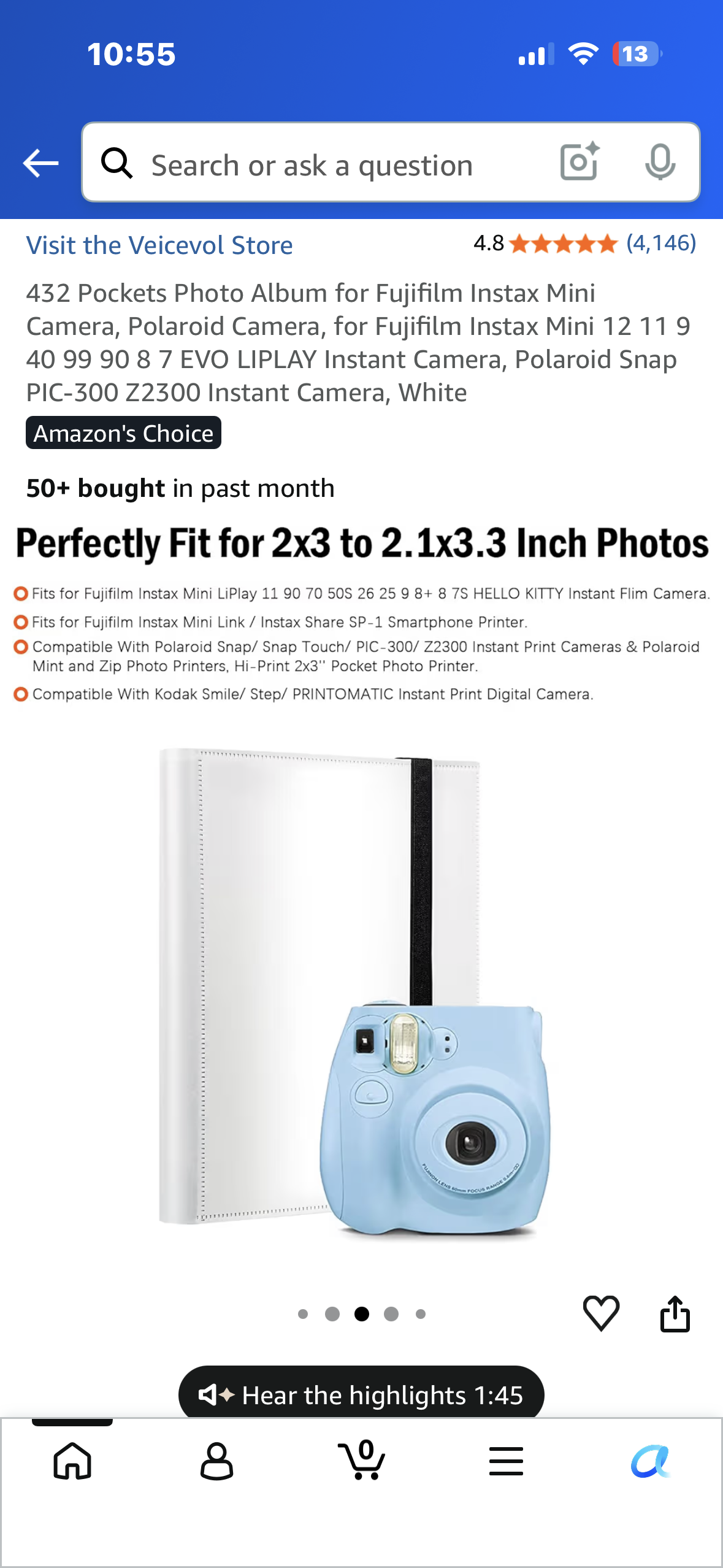 432 Pocketss Photo Album for Fujifilm Instax Mini Camera, Polaroid Camera, for Fujifilm Instax Mini 12 11 9 40 99 90 8 7 EVO LIPLAY Instant Camera, Polaroid Snap PIC-300 Z2300 Instant Camera, White