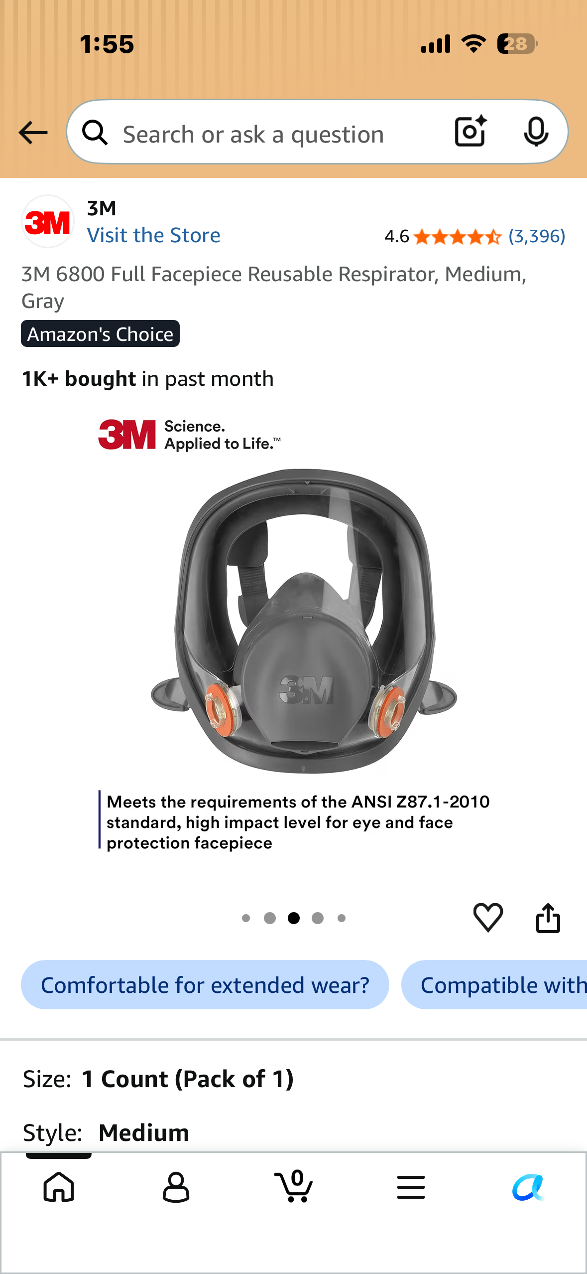 3M 6800 Full Facepiece Reusable Respirator, Medium, Gray