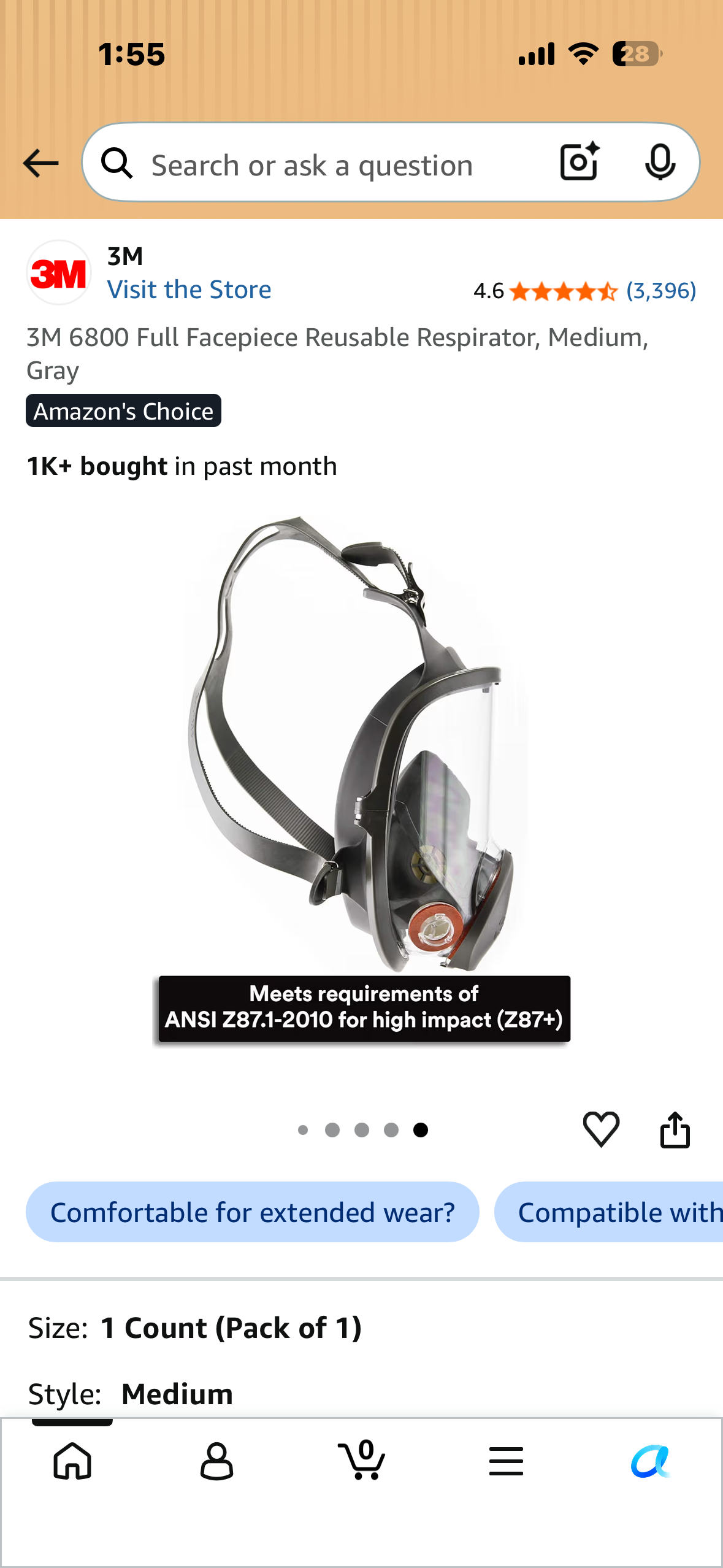 3M 6800 Full Facepiece Reusable Respirator, Medium, Gray