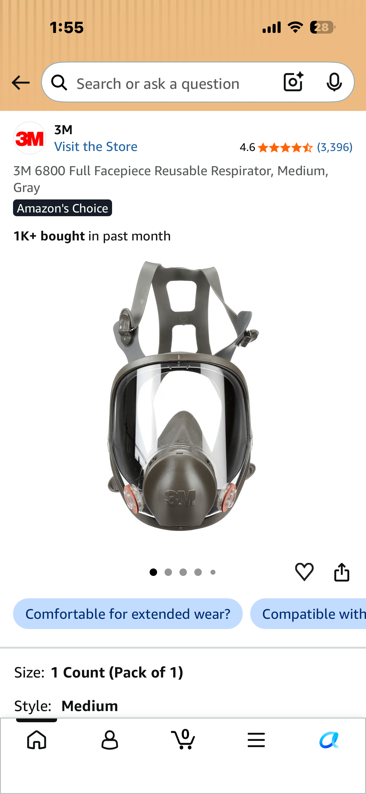 3M 6800 Full Facepiece Reusable Respirator, Medium, Gray