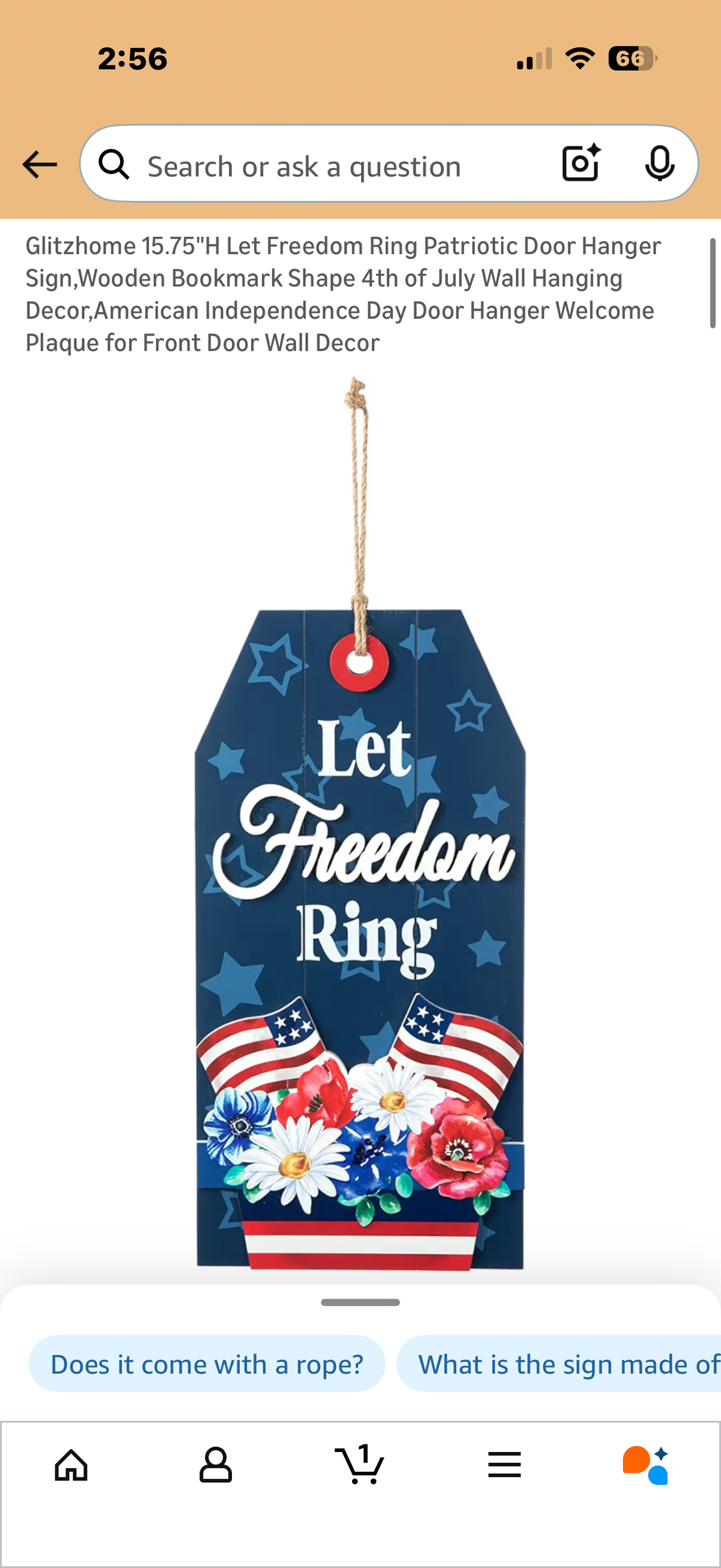 Glitzhome 15.75"H Let Freedom Ring Patriotic Door Hanger Sign,Wooden Bookmark Shape 4th of July Wall Hanging Decor,American Independence Day Door Hanger Welcome Plaque for Front Door Wall Decor