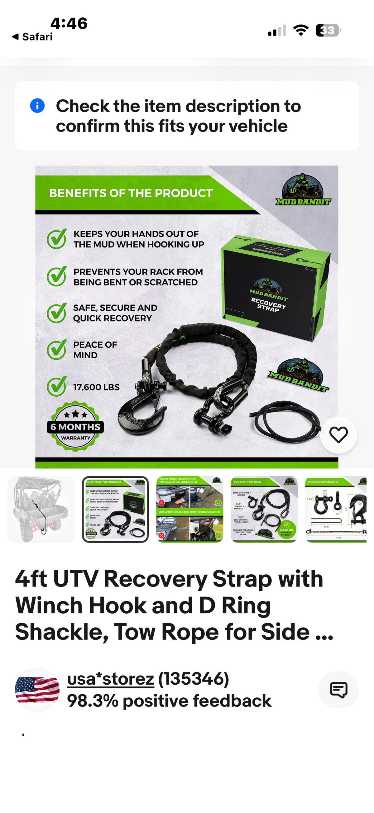 Mud Bandit 4ft UTV Recovery Strap with Winch Hook and D Ring Shackle Tow Rope