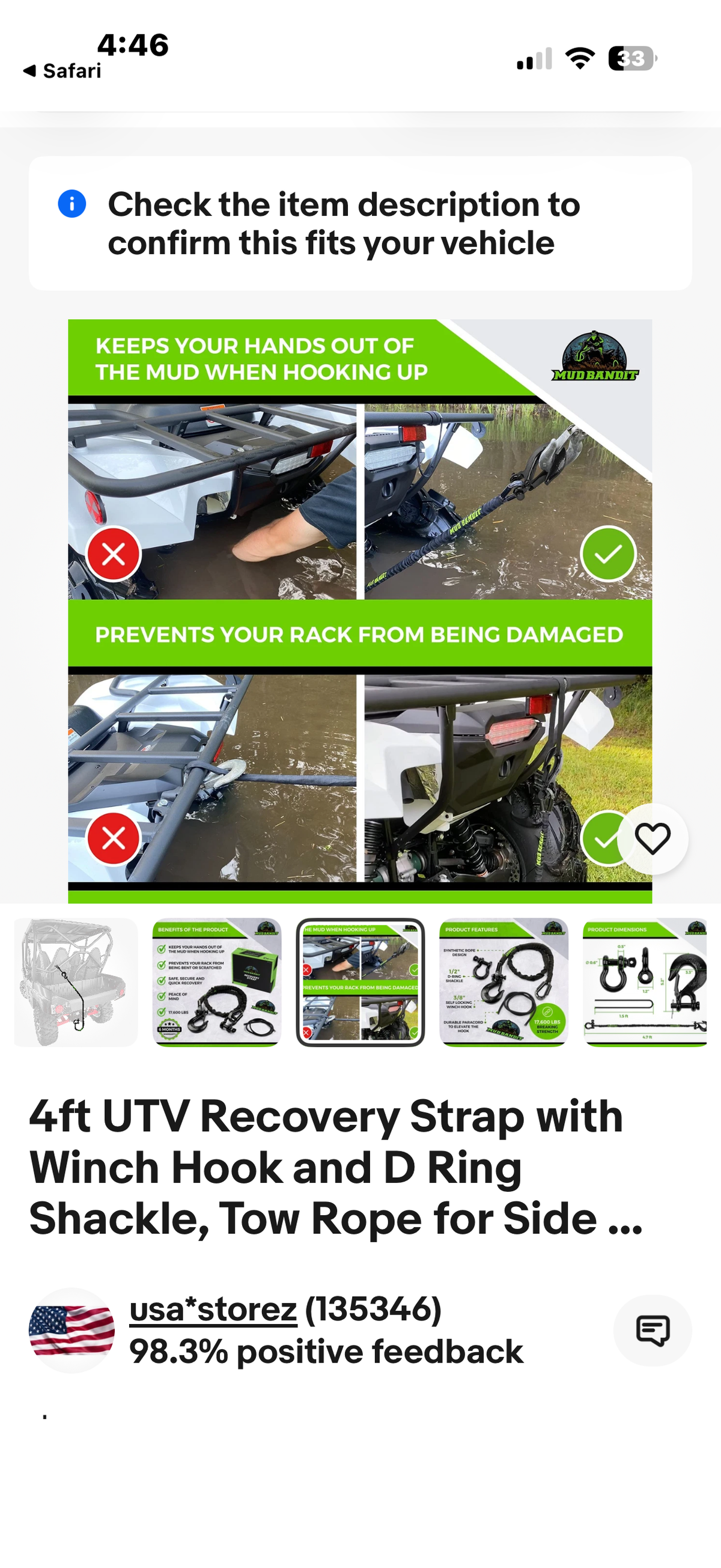 Mud Bandit 4ft UTV Recovery Strap with Winch Hook and D Ring Shackle Tow Rope